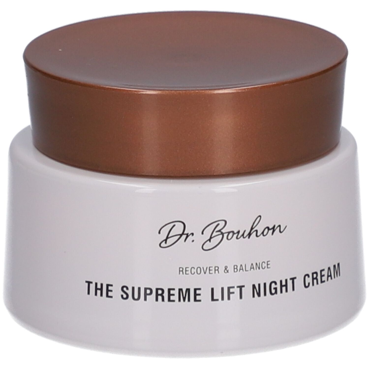 Pot de crème avec couvercle marron. Inscription : Dr. Bouhon, THE SUPREME LIFT NIGHT CREAM.