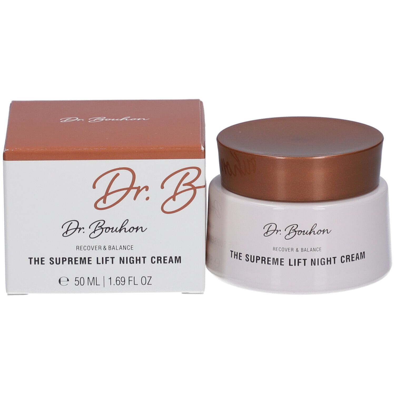 Pot de crème et boîte. Inscription : Dr. Bouhon, THE SUPREME LIFT NIGHT CREAM, 50 ml.