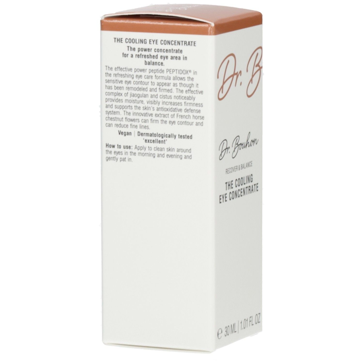 Karton von Dr. Bouhon Augenkonzentrat. Text: The Cooling Eye Concentrate. Vegan. Dermatologisch getestet.