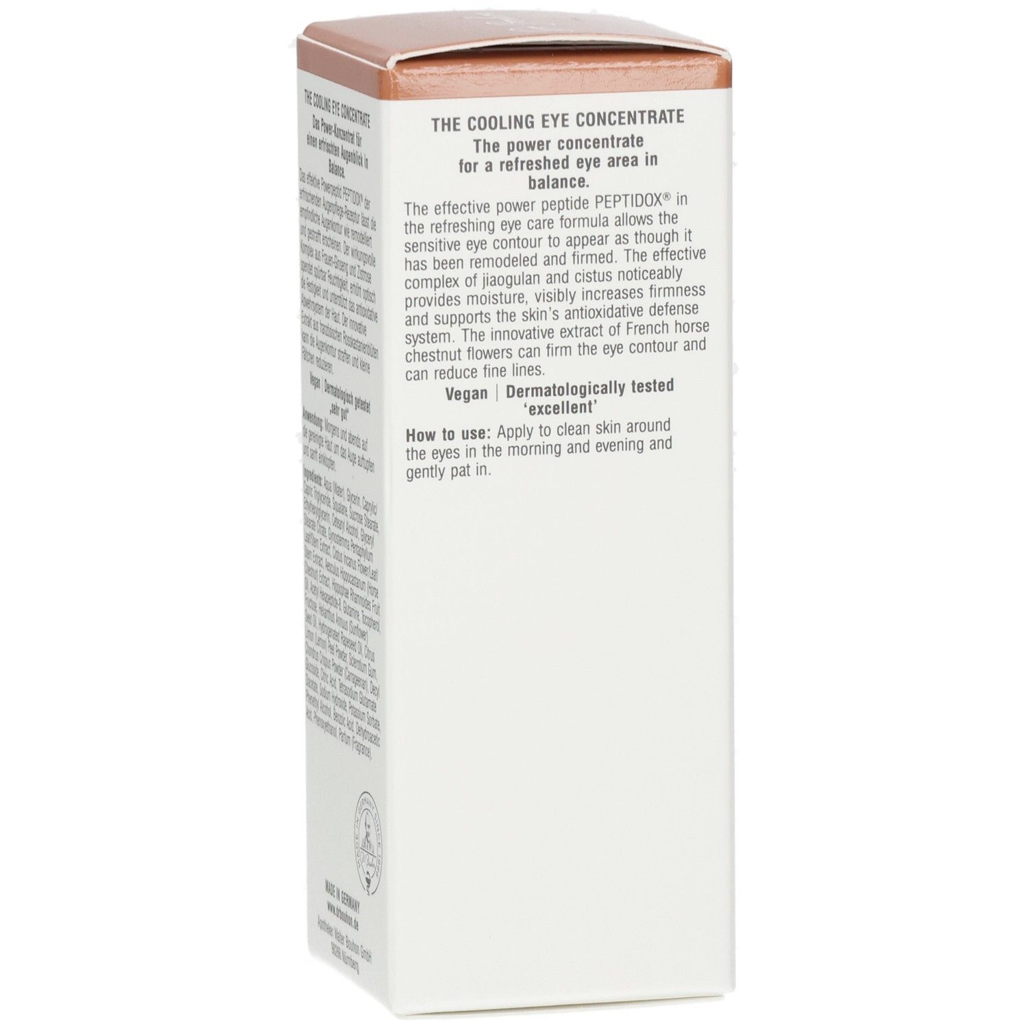 Karton von Dr. Bouhon Augenkonzentrat. Text: The Cooling Eye Concentrate. Vegan. Dermatologisch getestet.