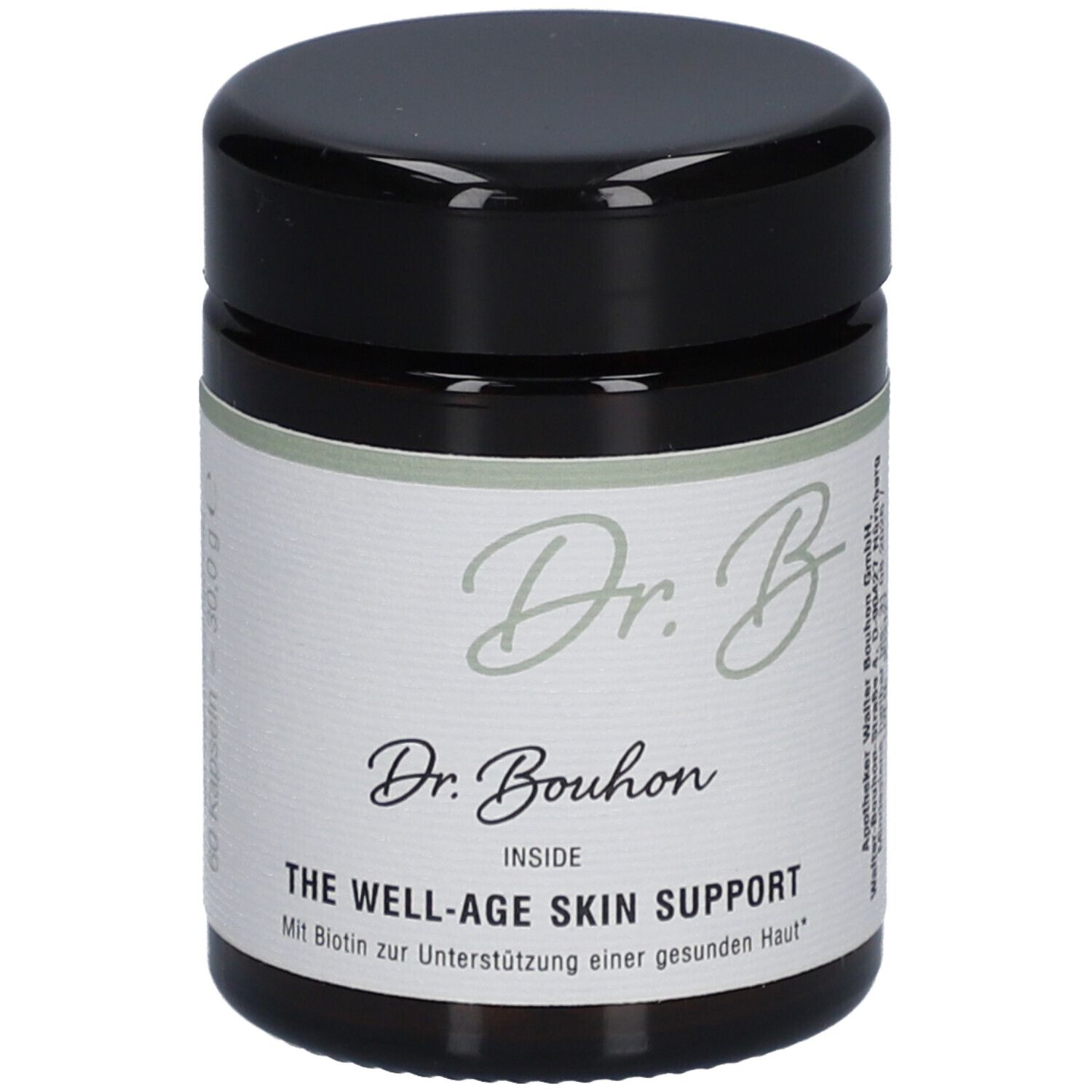 Pot brun avec couvercle noir. Inscription: Dr. Bouhon, THE WELL-AGE SKIN SUPPORT.