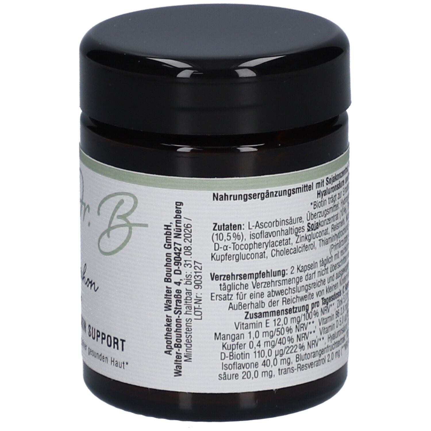 Pot brun avec couvercle noir. Inscription: Dr. Bouhon, THE WELL-AGE SKIN SUPPORT. Ingrédients au dos.