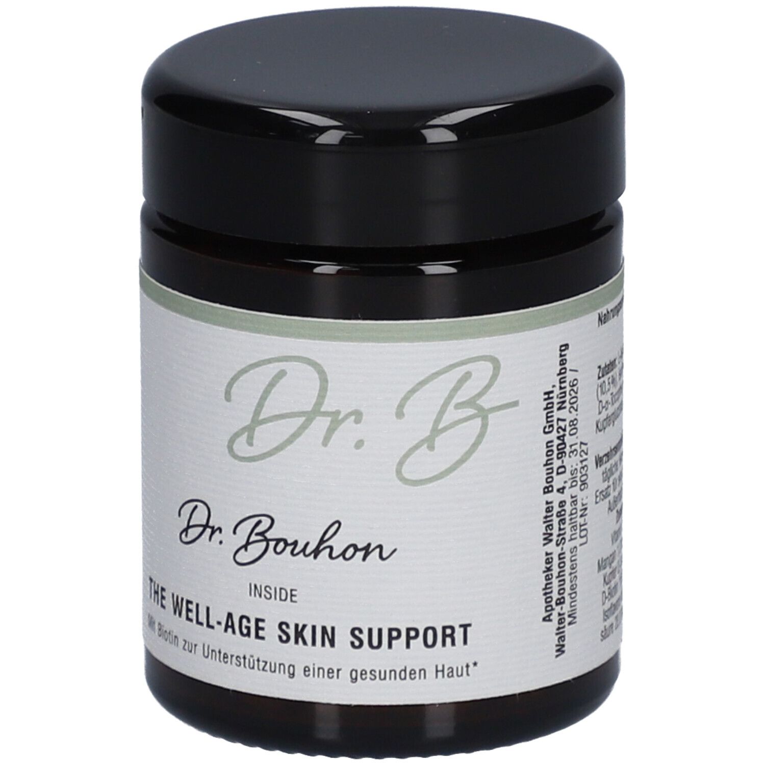 Pot brun avec couvercle noir. Inscription: Dr. Bouhon, THE WELL-AGE SKIN SUPPORT.
