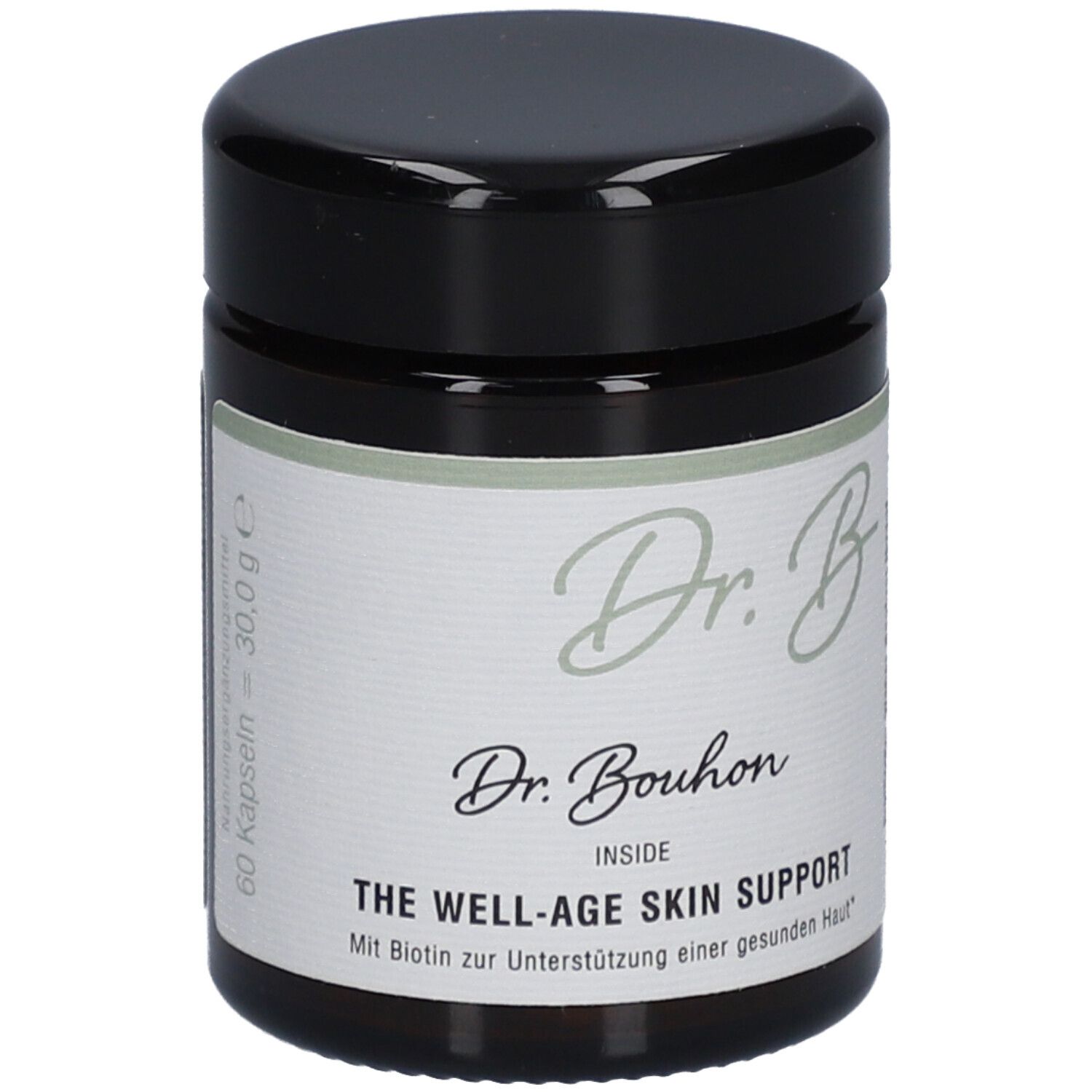 Pot brun avec couvercle noir. Inscription: Dr. Bouhon, THE WELL-AGE SKIN SUPPORT.