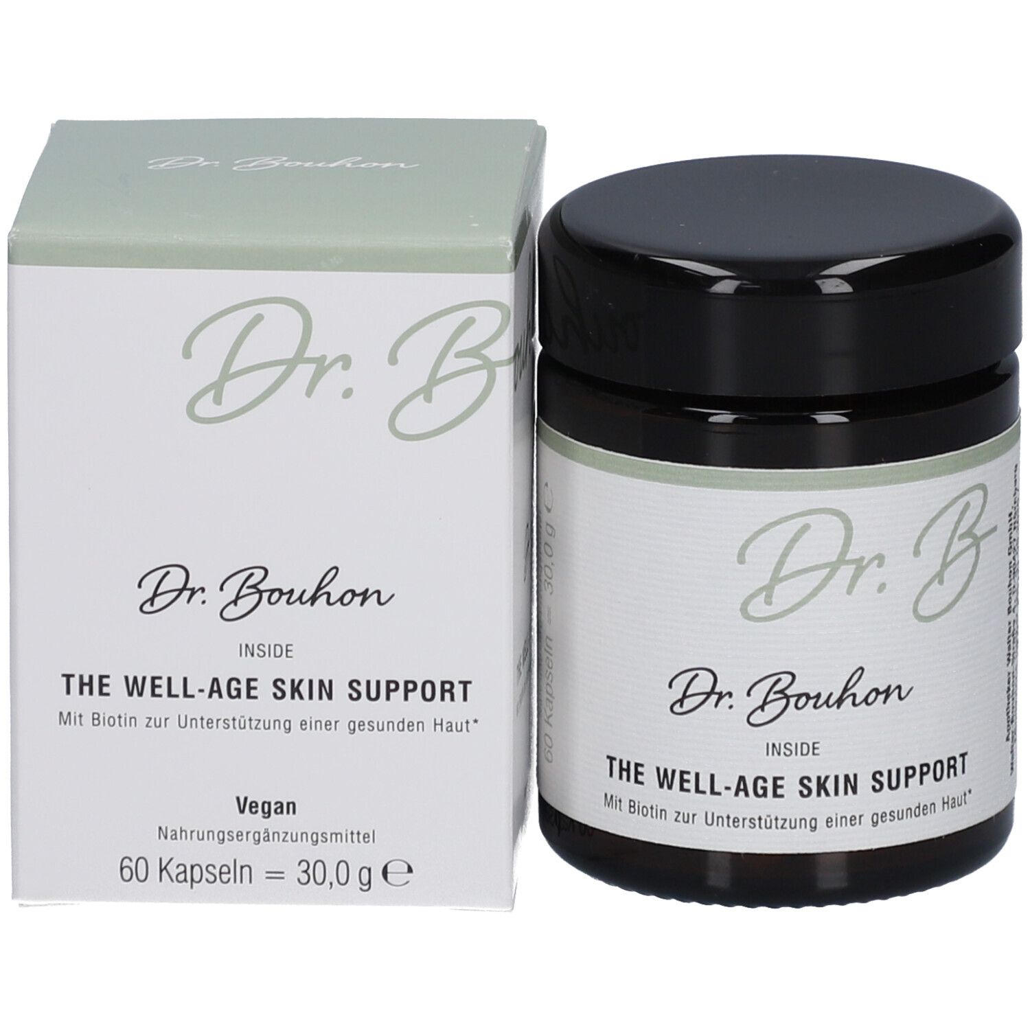 Emballage du produit: pot et boîte. Inscription: Dr. Bouhon, THE WELL-AGE SKIN SUPPORT. Vegan.