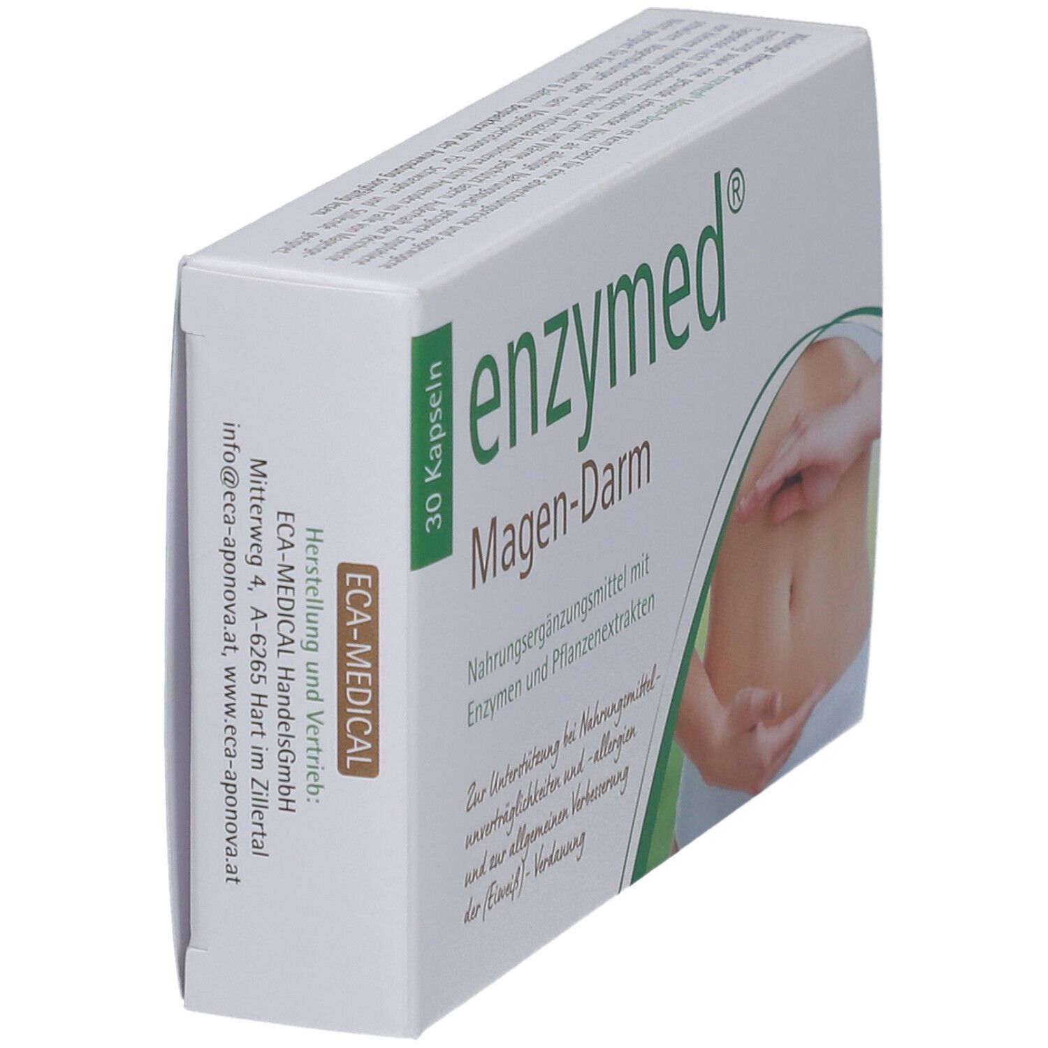 Boîte "enzymed Magen-Darm". 30 gélules. Vue latérale.