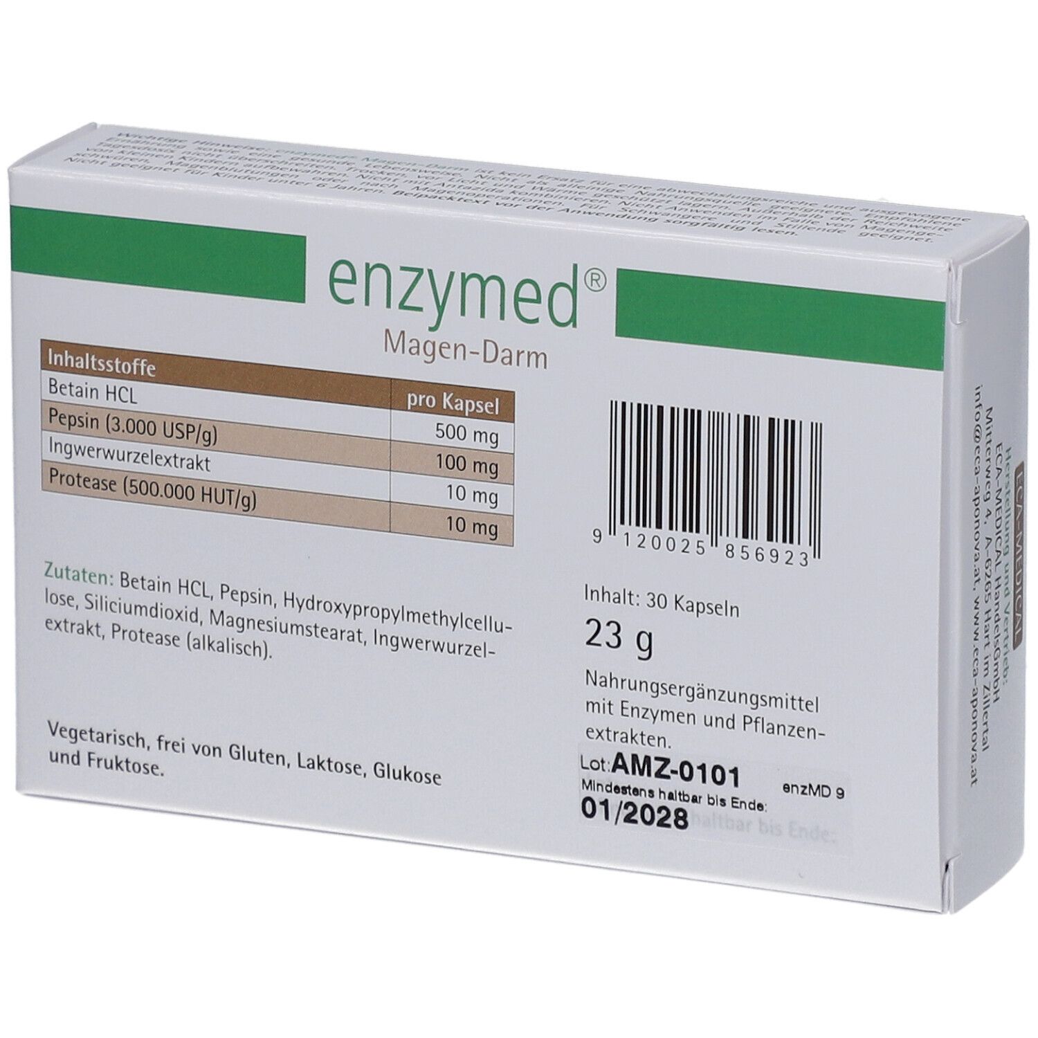 Boîte "enzymed Magen-Darm". Ingrédients et informations nutritionnelles.