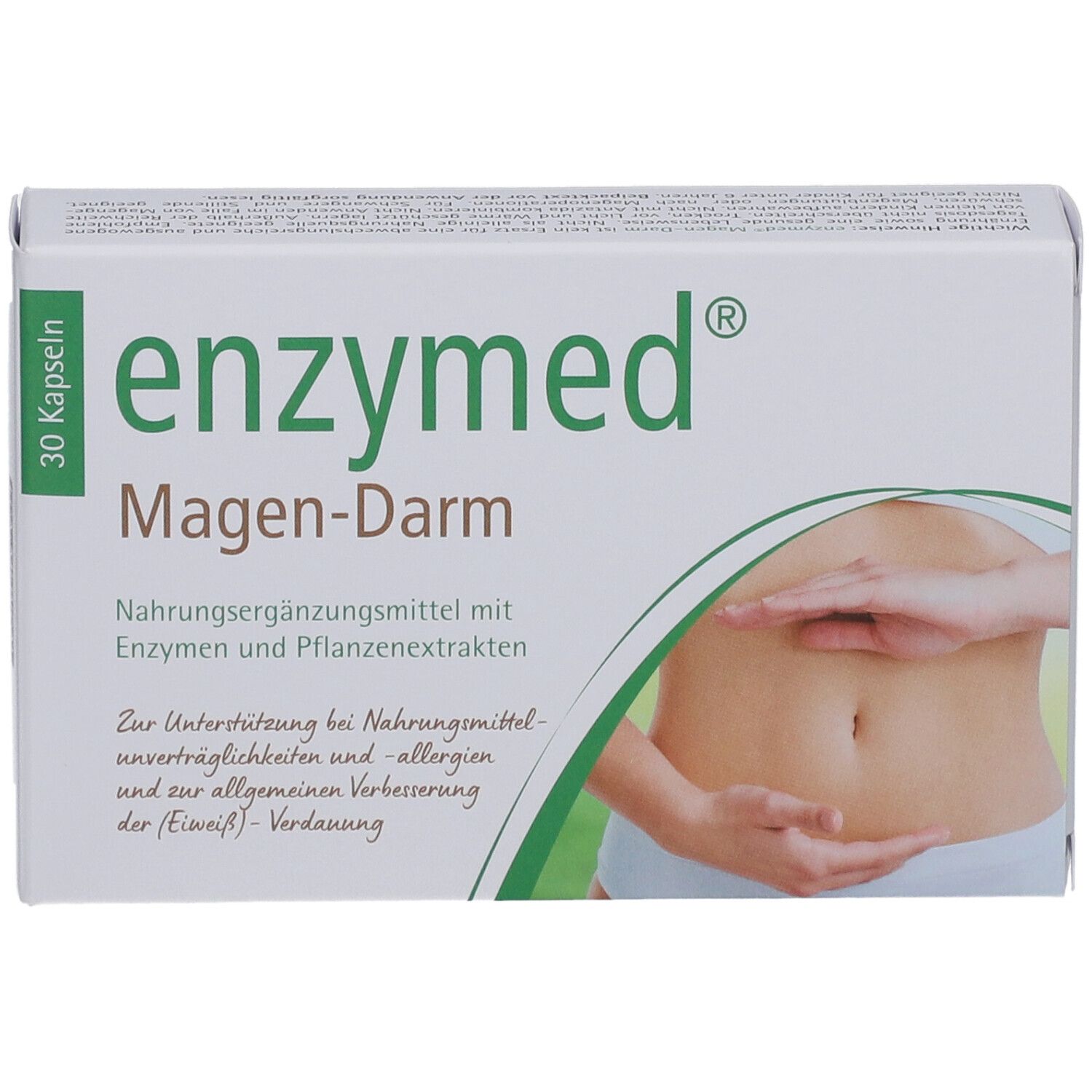 Boîte "enzymed Magen-Darm". 30 gélules. Illustration d'un ventre.