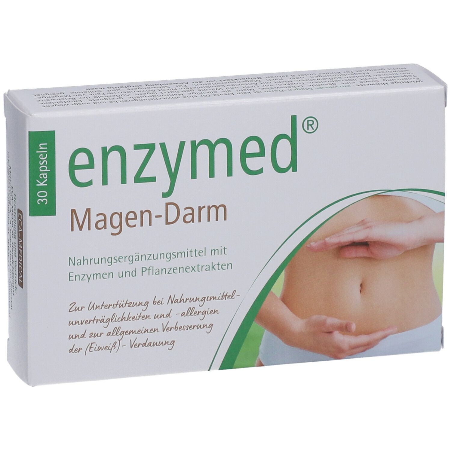 Boîte "enzymed Magen-Darm". 30 gélules. Illustration d'un ventre.