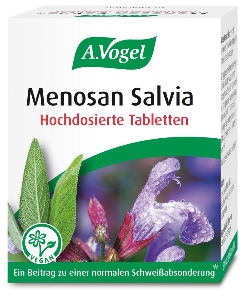 Boîte de comprimés A. Vogel Menosan Salvia. Contient de l'extrait de sauge. Label végétalien. Texte : Contribue à la transpiration normale.