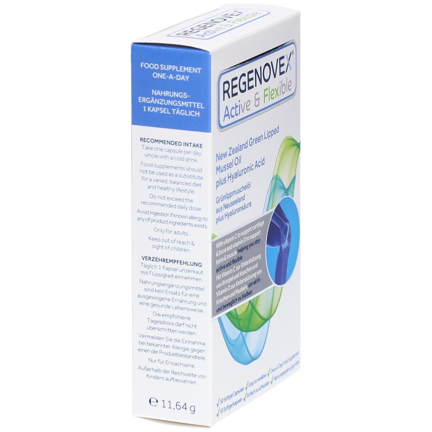 Boîte "Regenovex Active & Flexible". Huile de moules vertes et acide hyaluronique. Texte sur le dosage et les ingrédients.