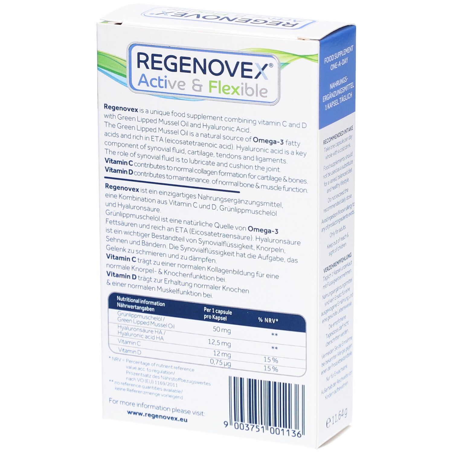 Dos de la boîte "Regenovex Active & Flexible". Huile de moules vertes et acide hyaluronique. Informations nutritionnelles.