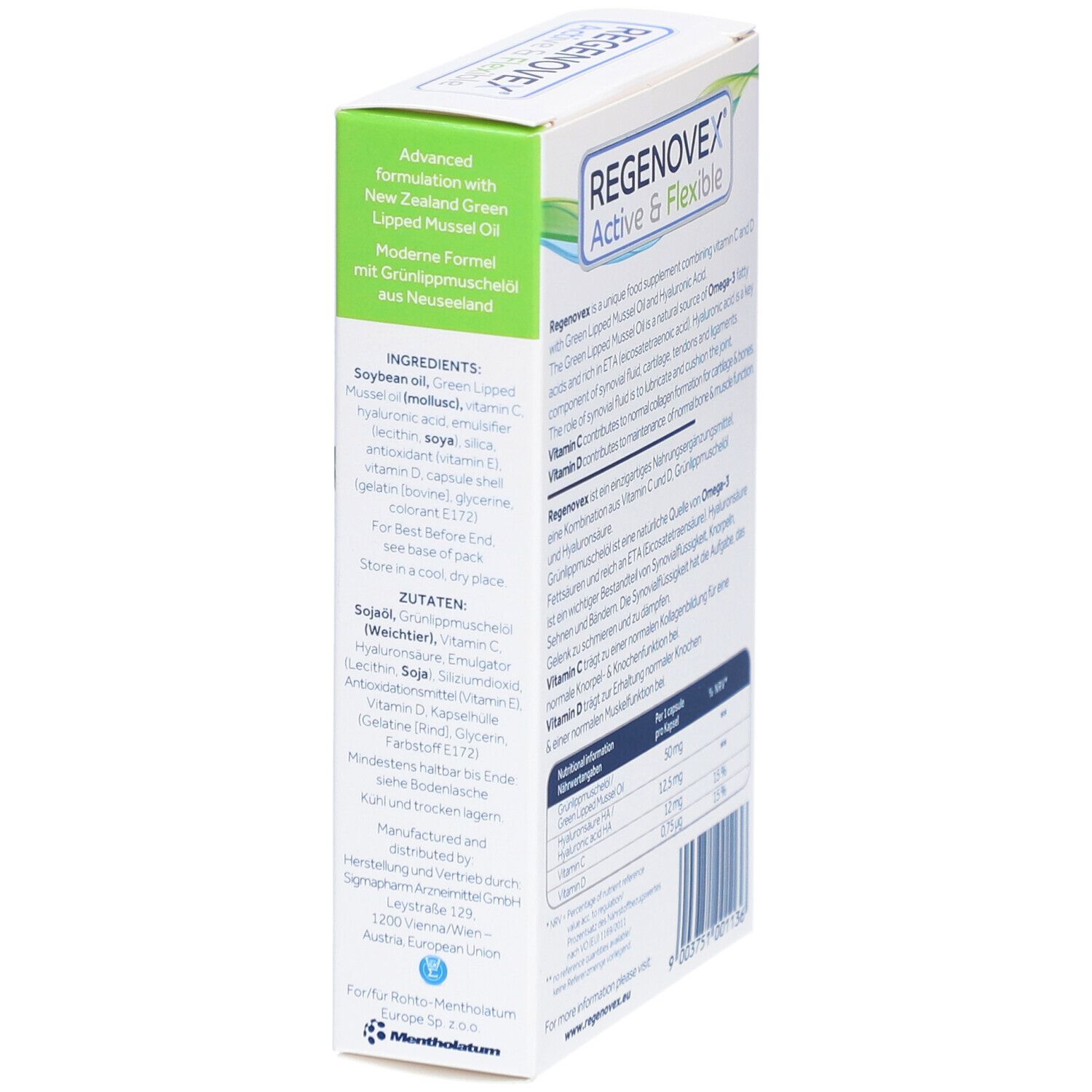 Côté de la boîte "Regenovex Active & Flexible". Huile de moules vertes et acide hyaluronique. Liste des ingrédients et fabricant.