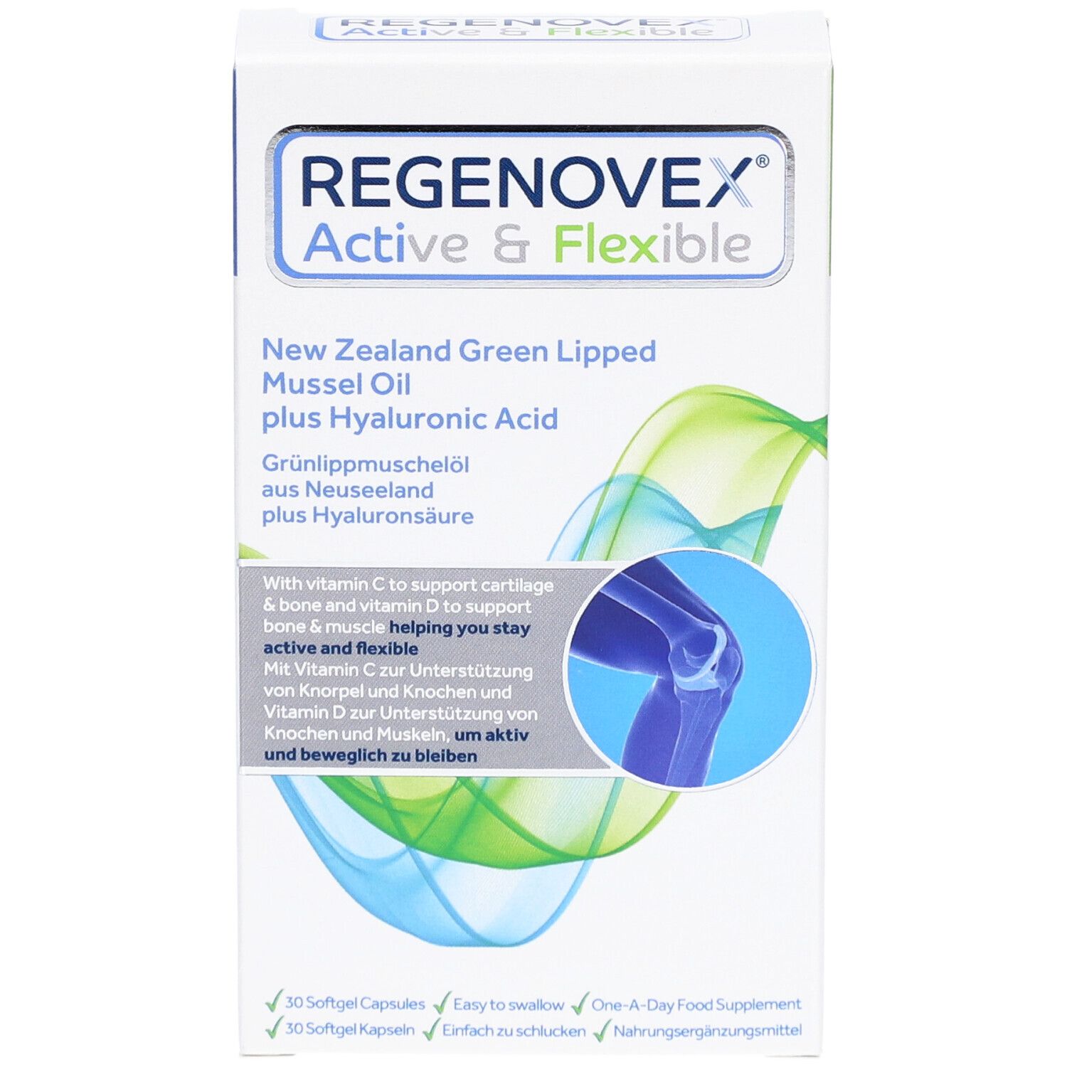 Boîte "Regenovex Active & Flexible". Huile de moules vertes et acide hyaluronique. Illustration d'un genou.