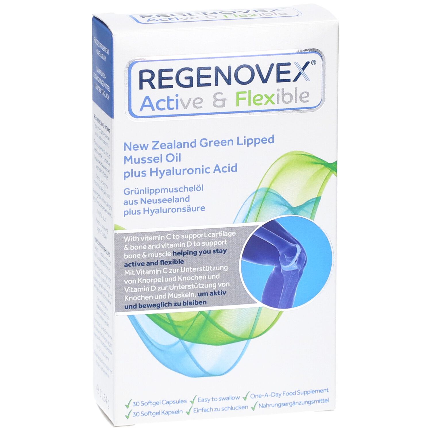 Boîte "Regenovex Active & Flexible". Huile de moules vertes et acide hyaluronique. Illustration d'un genou.