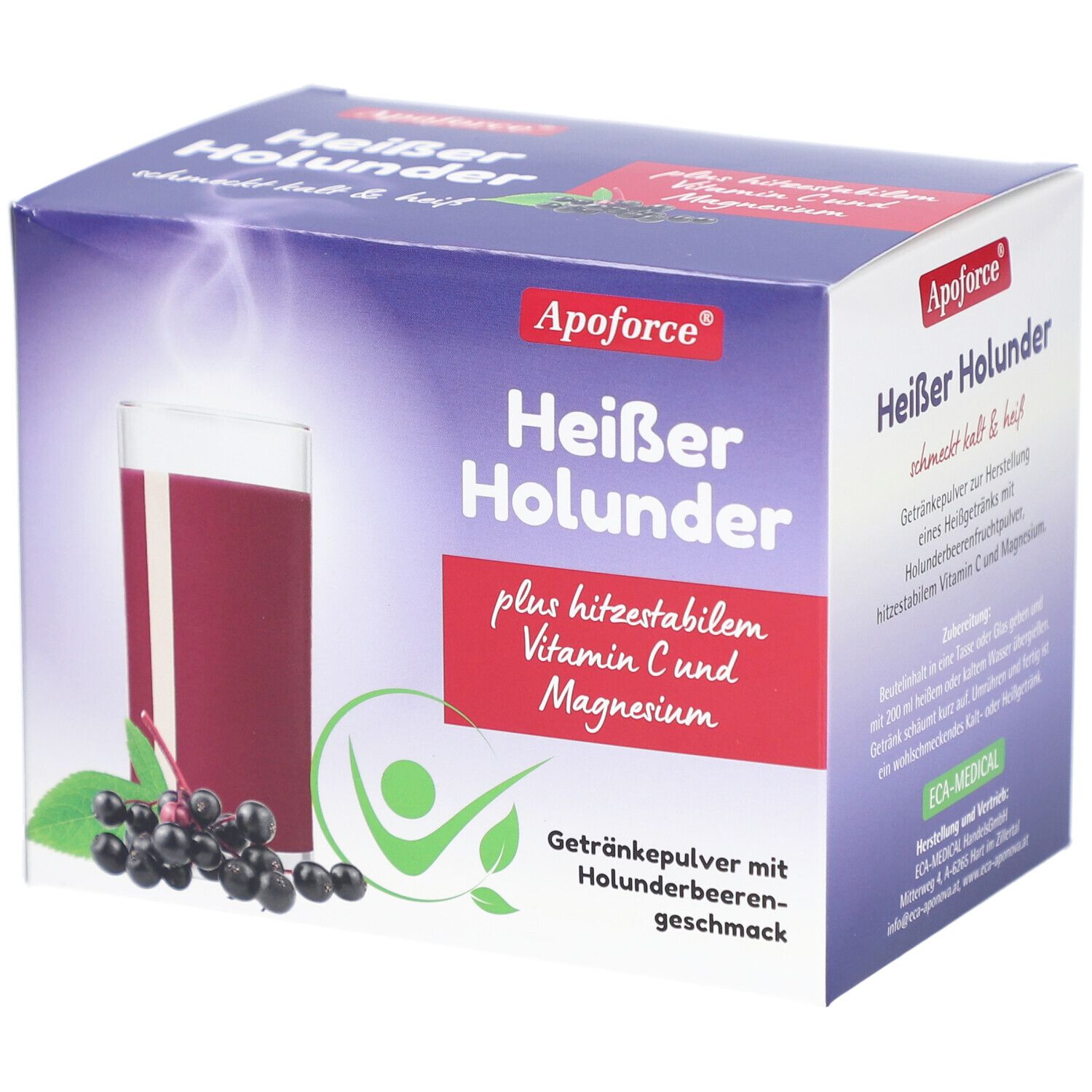 Boîte Apoforce Heißer Holunder. Contient une poudre pour boisson au goût de sureau, vitamine C et magnésium. Illustration d'une boisson.