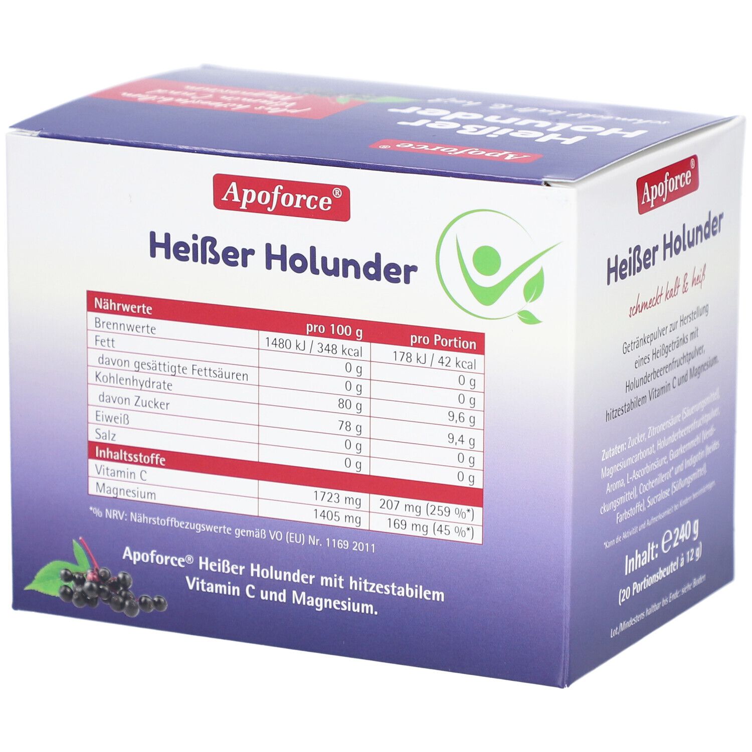 Boîte Apoforce Heißer Holunder. Contient une poudre pour boisson au goût de sureau, vitamine C et magnésium. Tableau nutritionnel.