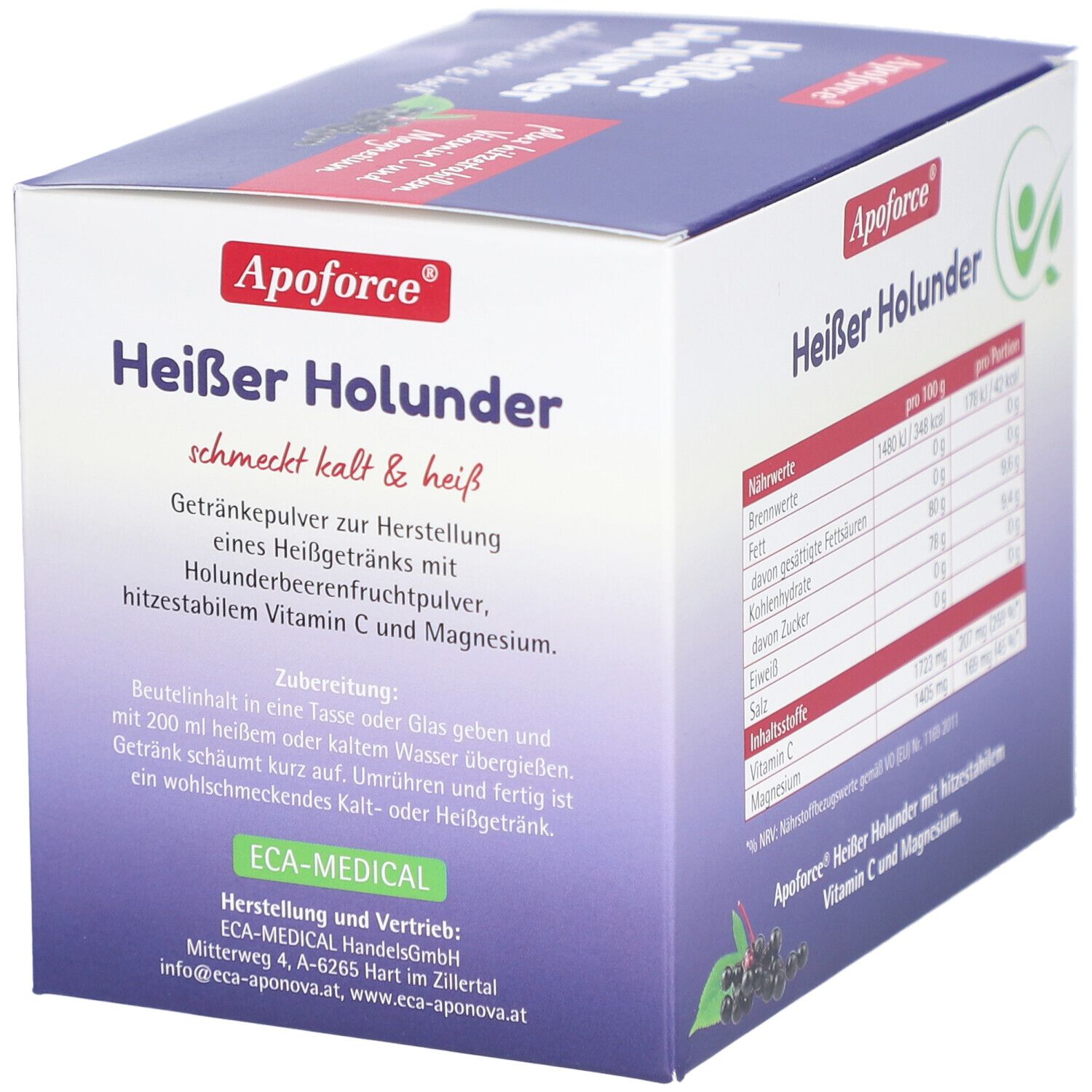 Boîte Apoforce Heißer Holunder. Contient une poudre pour boisson au goût de sureau, vitamine C et magnésium. Instructions de préparation.