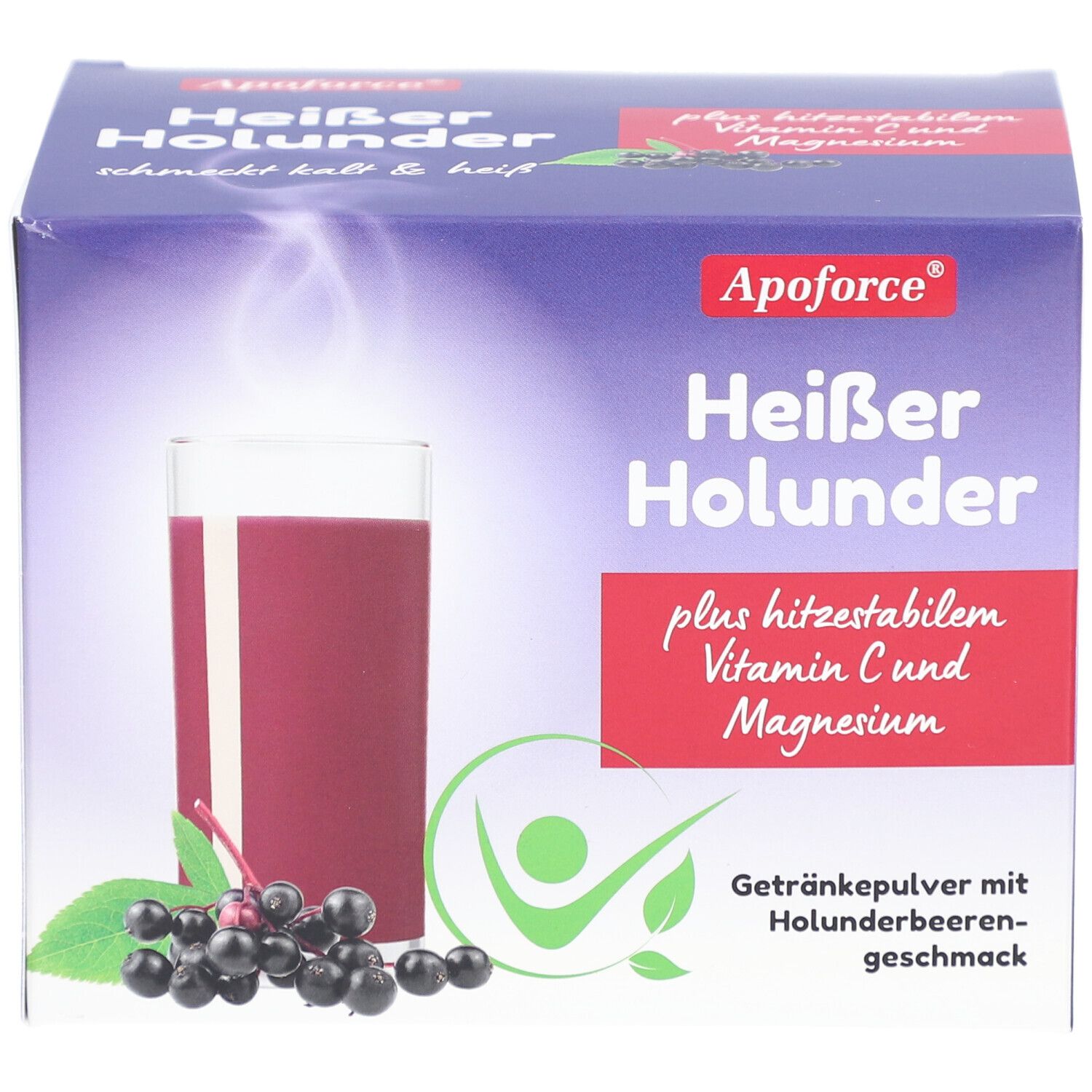 Boîte Apoforce Heißer Holunder. Contient une poudre pour boisson au goût de sureau, vitamine C et magnésium. Illustration d'une boisson.