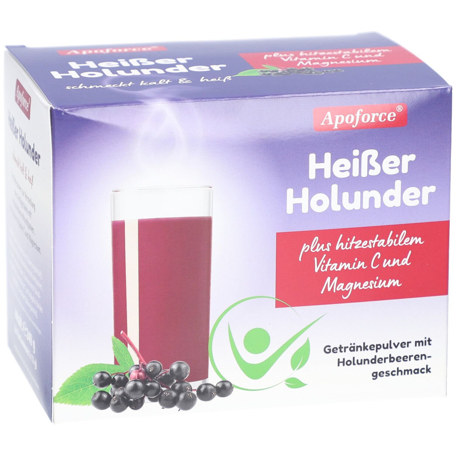 Boîte Apoforce Heißer Holunder. Contient une poudre pour boisson au goût de sureau, vitamine C et magnésium. Illustration d'une boisson.