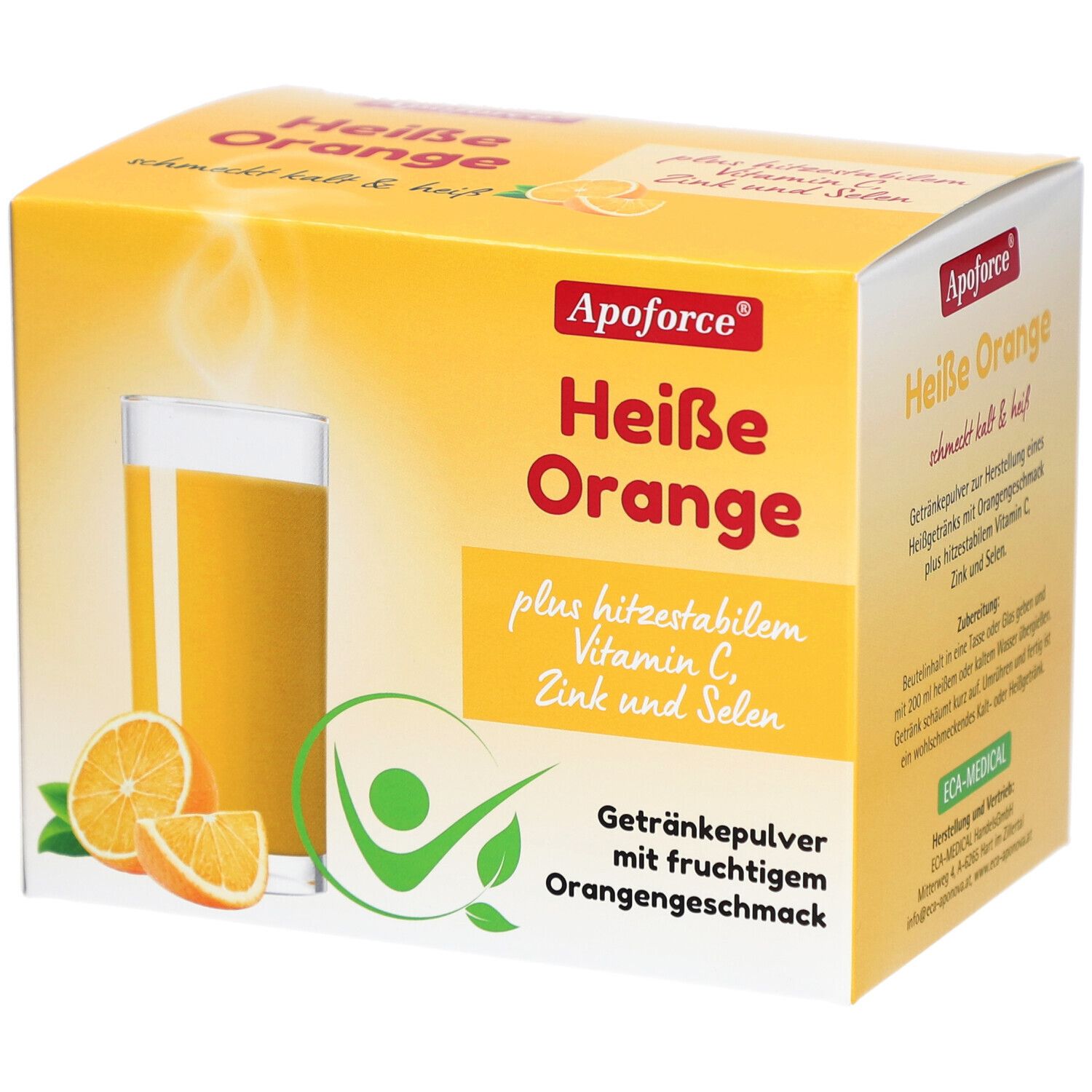 Boîte jaune Apoforce Heiße Orange. Un verre de jus d'orange et des tranches d'orange sont représentés.