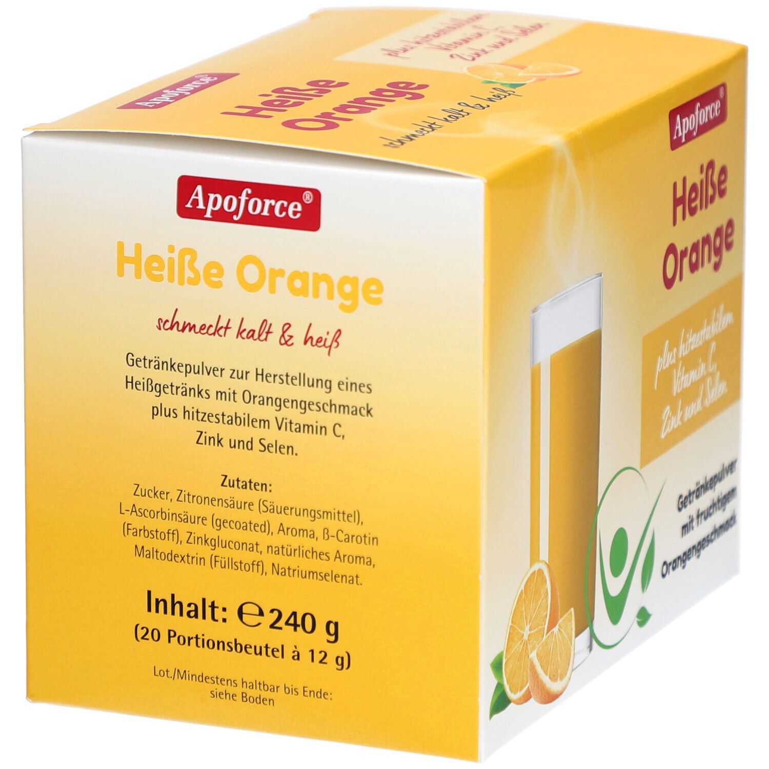 Boîte jaune Apoforce Heiße Orange. L'emballage montre un verre de jus d'orange et des tranches d'orange.