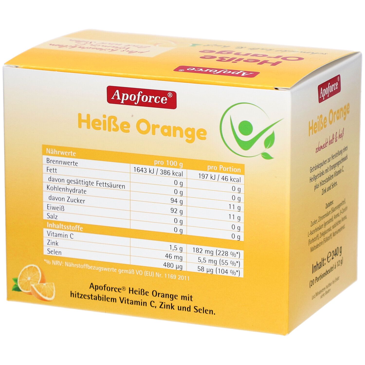 Boîte jaune Apoforce Heiße Orange. L'emballage présente des informations nutritionnelles et des ingrédients.
