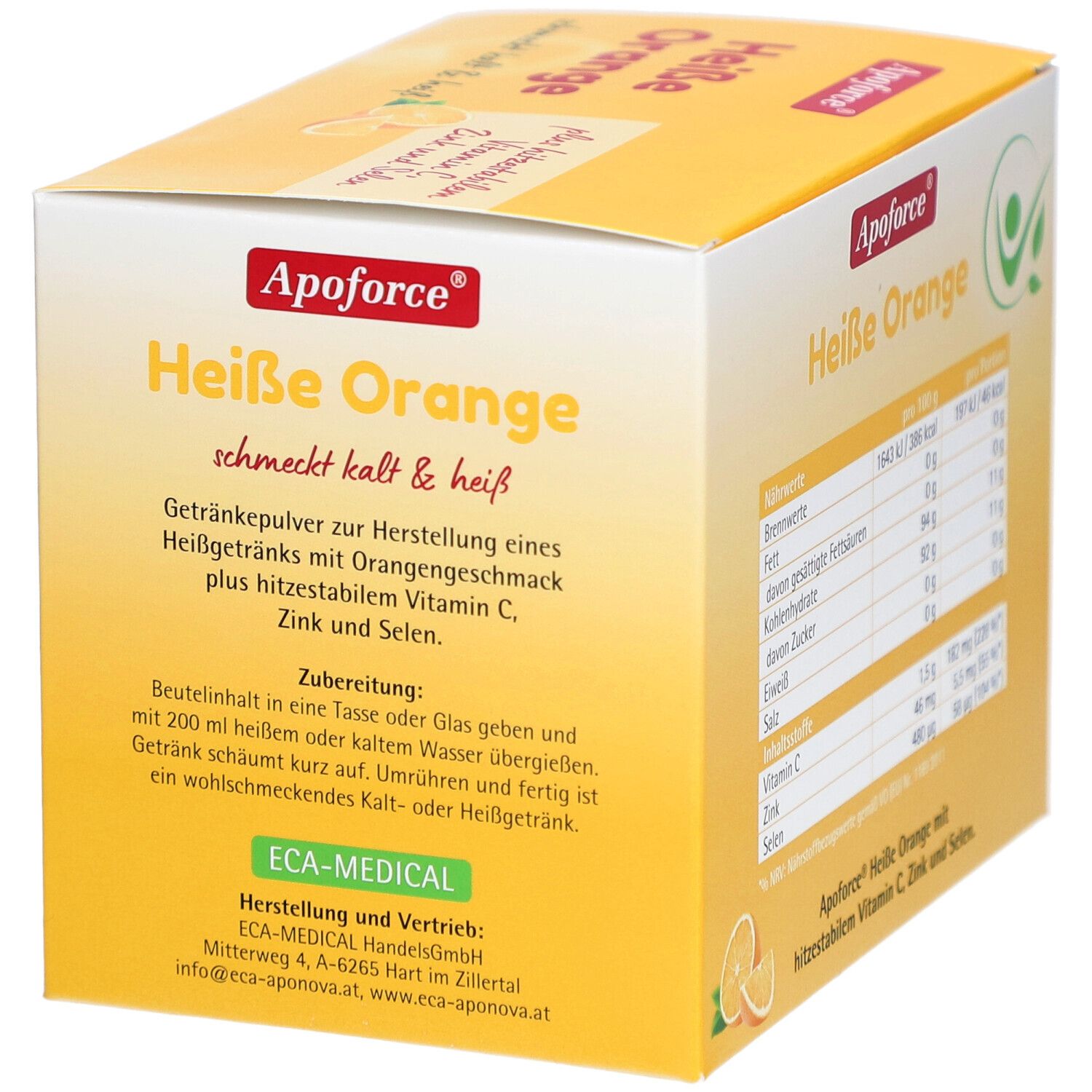 Boîte jaune Apoforce Heiße Orange. L'emballage montre des informations sur la préparation.