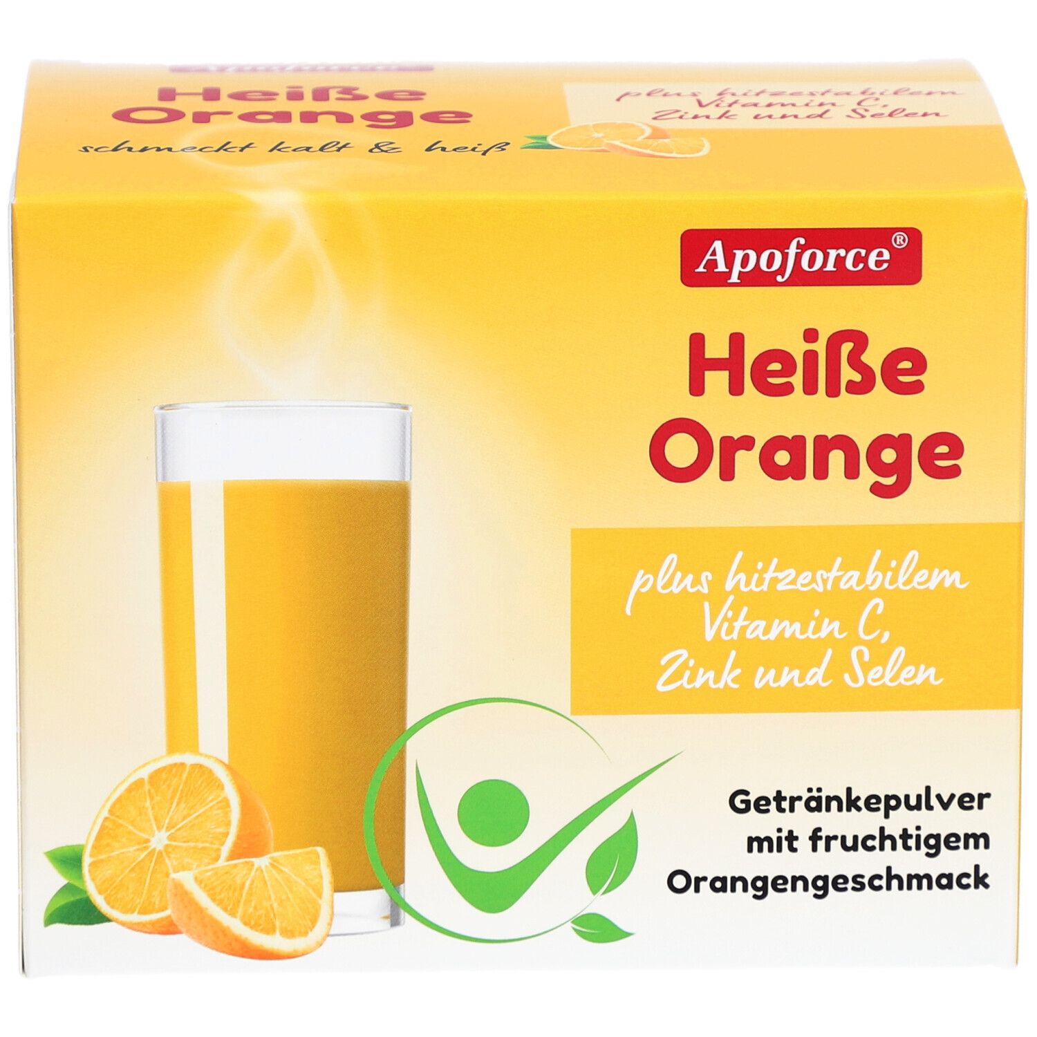 Boîte jaune Apoforce Heiße Orange. Un verre de jus d'orange et des tranches d'orange sont représentés.