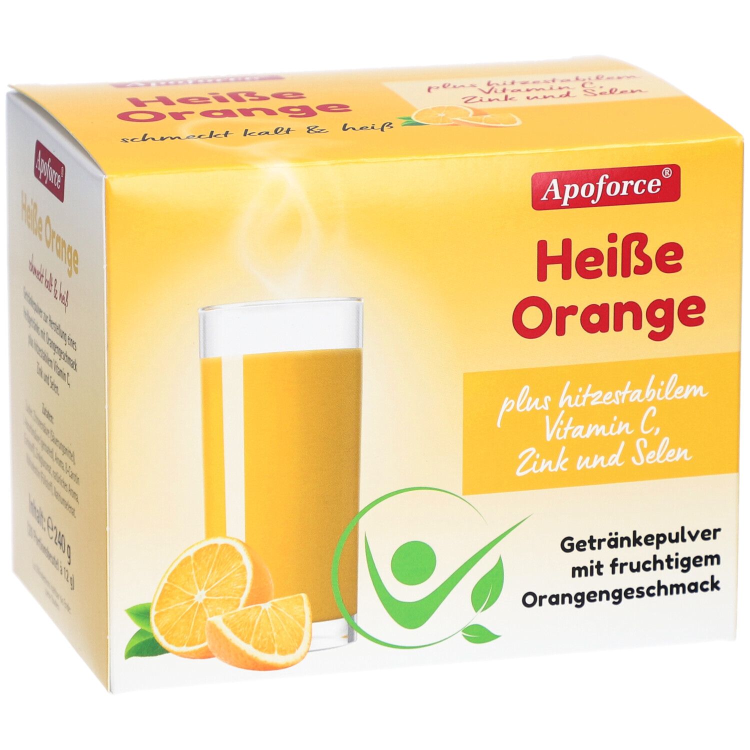 Boîte jaune Apoforce Heiße Orange. Un verre de jus d'orange et des tranches d'orange sont représentés.
