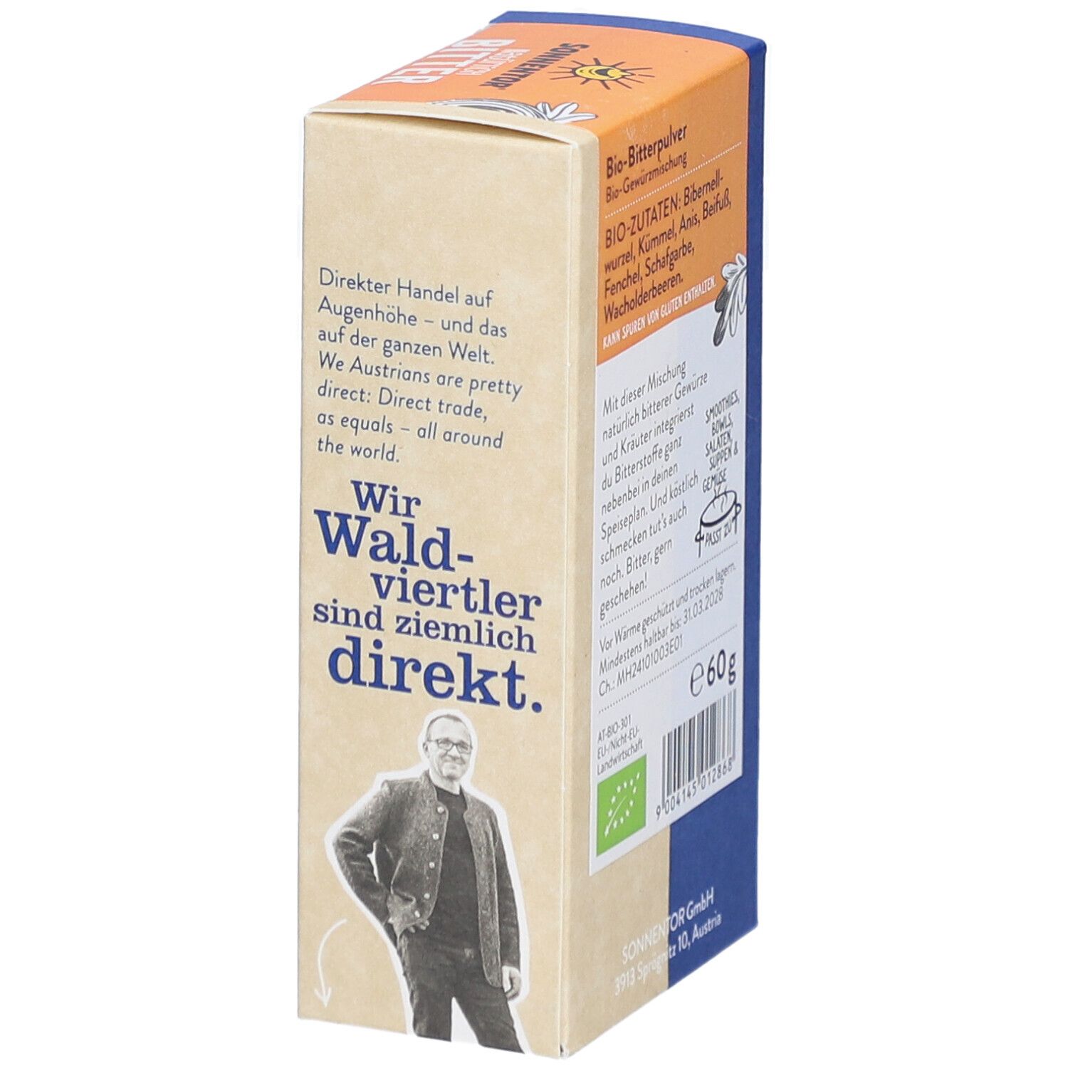 Vue latérale de Sonnentor Bio Bitter-Basenpulver. Texte sur la vente directe et les ingrédients bio. Label bio.