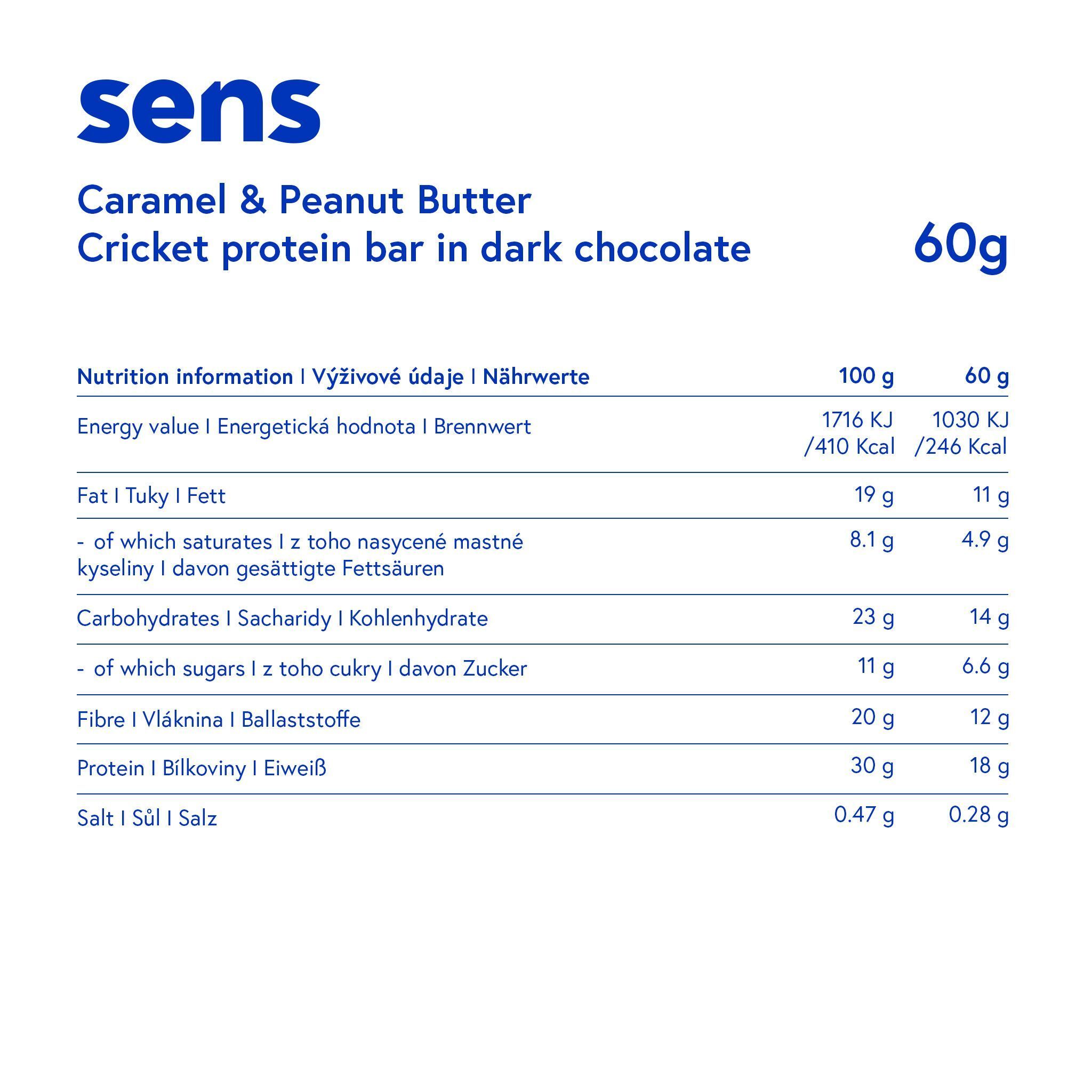 Tableau nutritionnel pour barres protéinées. Marque : sens. Informations sur énergie, graisses, glucides, fibres, protéines et sel.