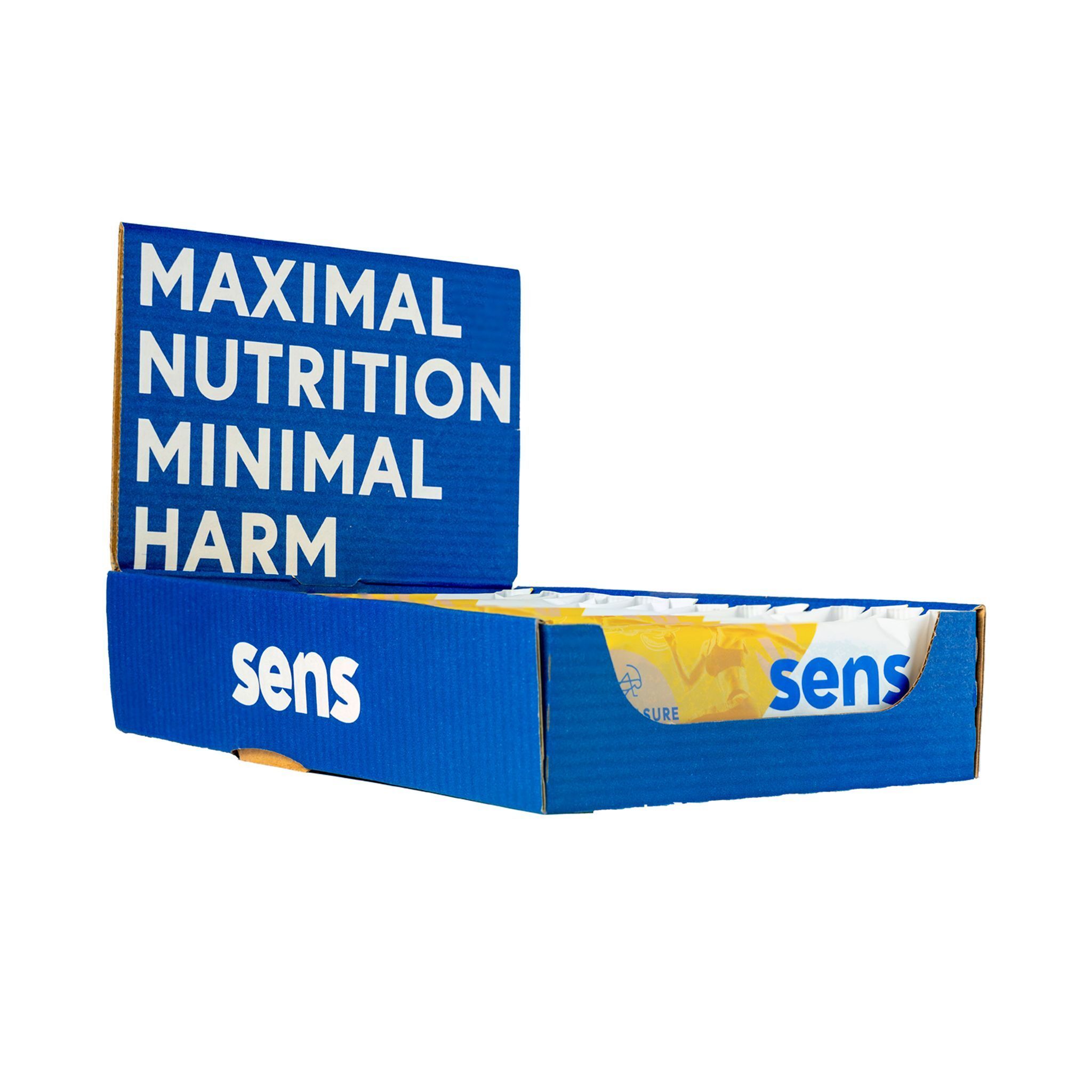 Boîte bleue avec barres protéinées. Inscription 'MAXIMAL NUTRITION MINIMAL HARM' et 'sens'. Barres en emballage jaune visibles.