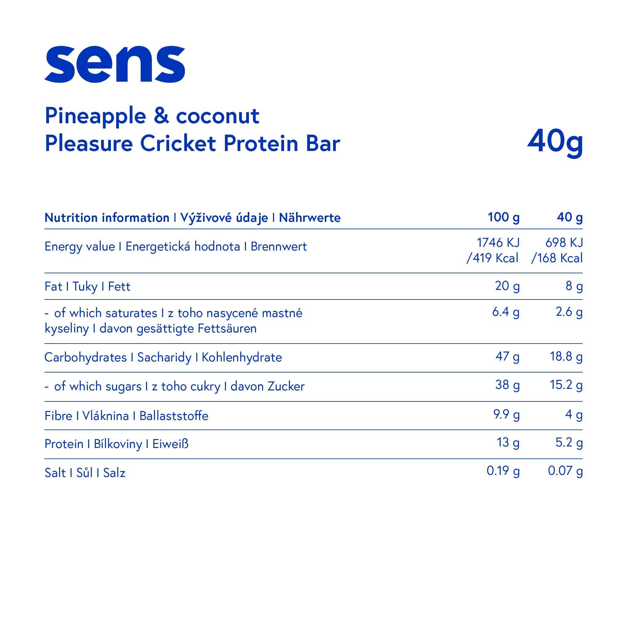 Tableau nutritionnel pour barre protéinée Ananas & Noix de coco avec farine de grillons. Informations en allemand, tchèque et anglais. Portion de 40g.