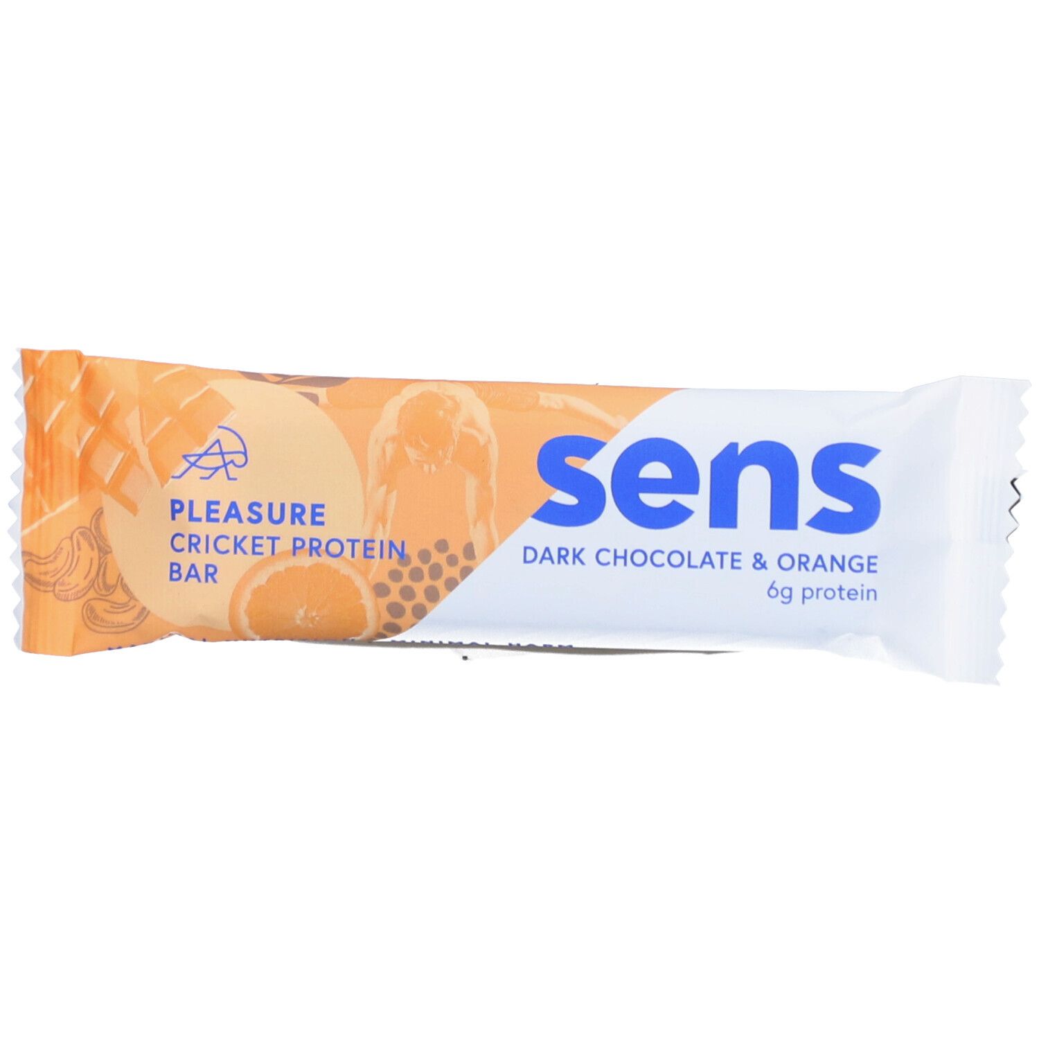 Barre protéinée chocolat noir et orange. Emballage avec nom et logo du produit. Contient 6g de protéines.