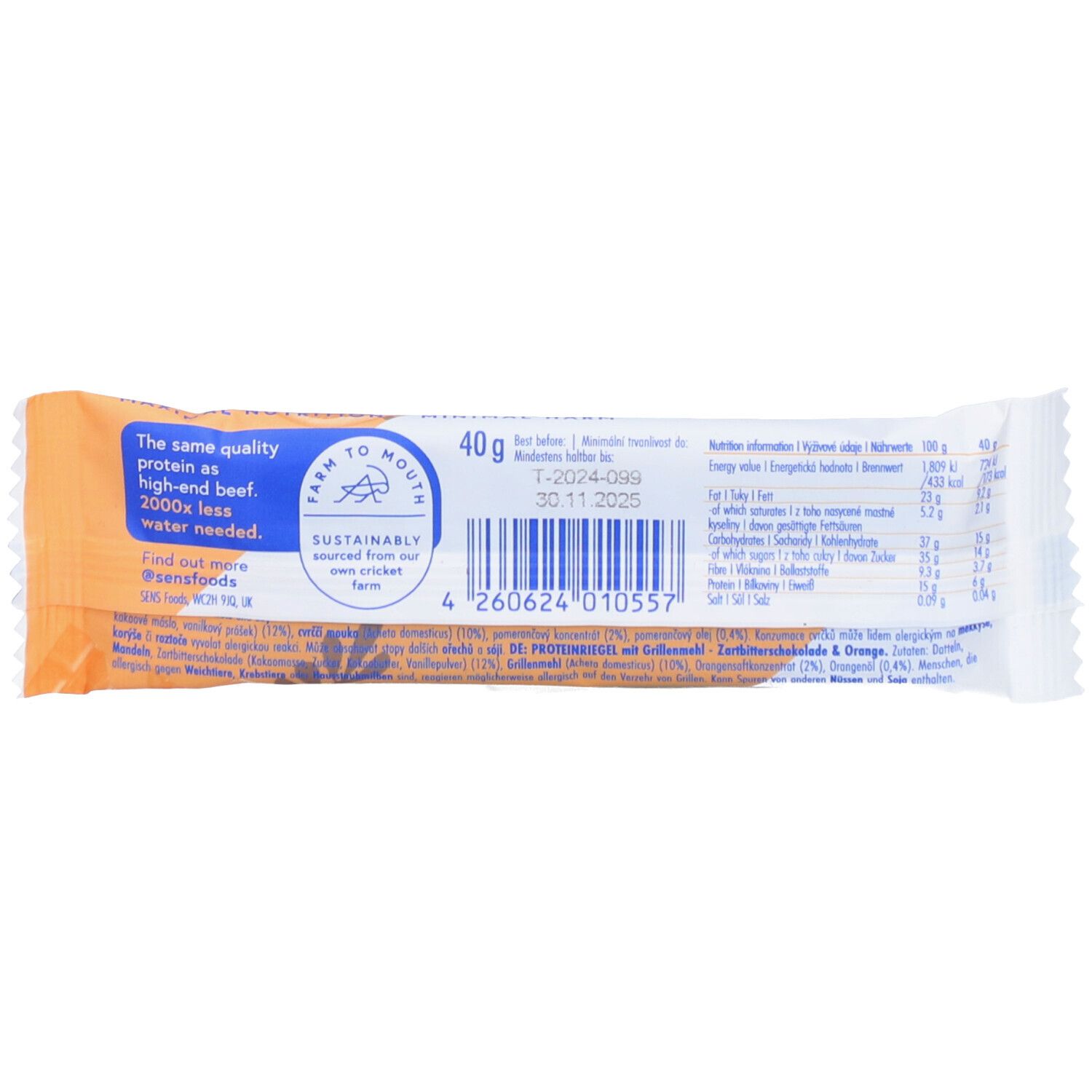 Dos de l'emballage de la barre protéinée. Contient les informations nutritionnelles, la liste des ingrédients et la date limite.