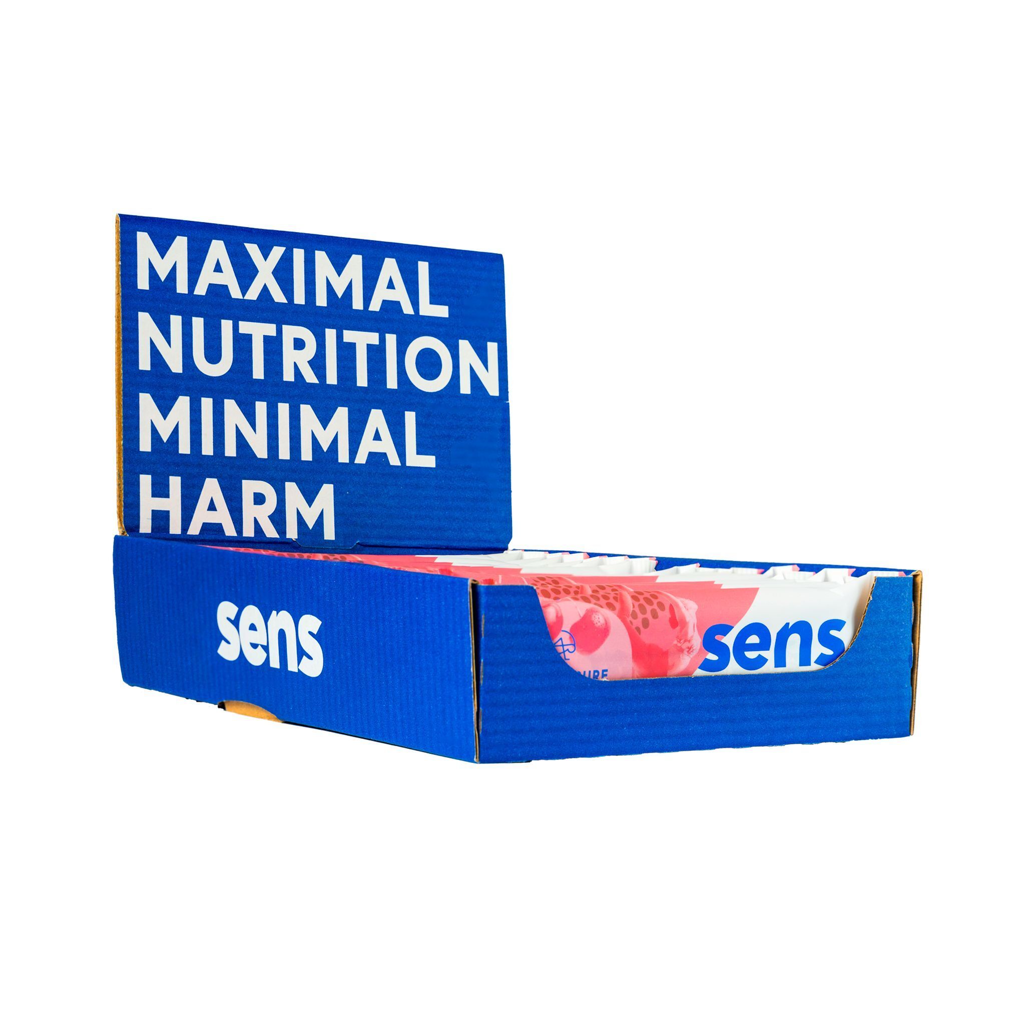 Blauer Karton mit Proteinriegeln. Aufschrift: Maximal Nutrition Minimal Harm, sens. Riegel in rosa-weißer Verpackung sichtbar.