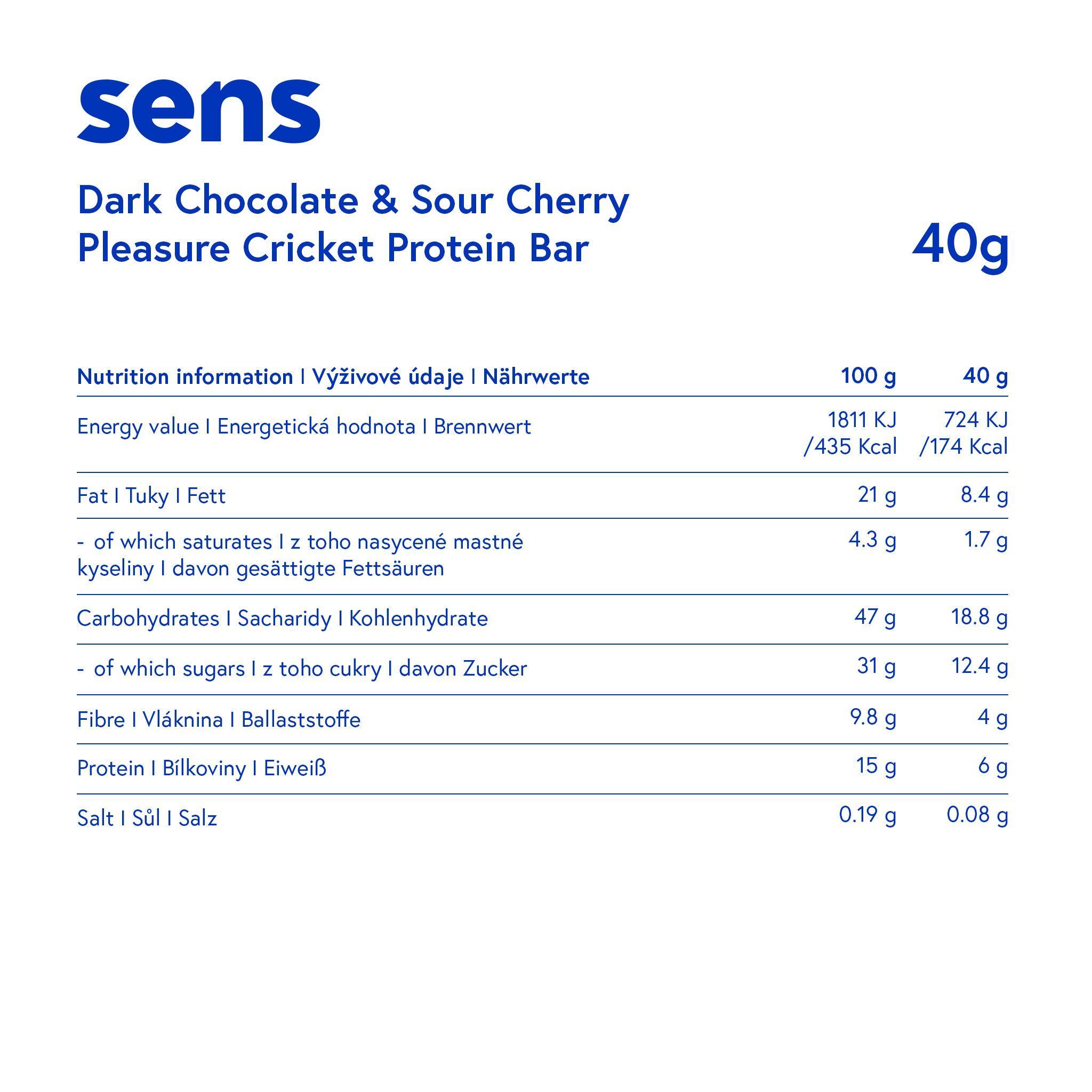 Nährwerttabelle für Proteinriegel. Aufschrift: sens, Dark Chocolate & Sour Cherry, Pleasure Cricket Protein Bar, 40g. Angaben in g.