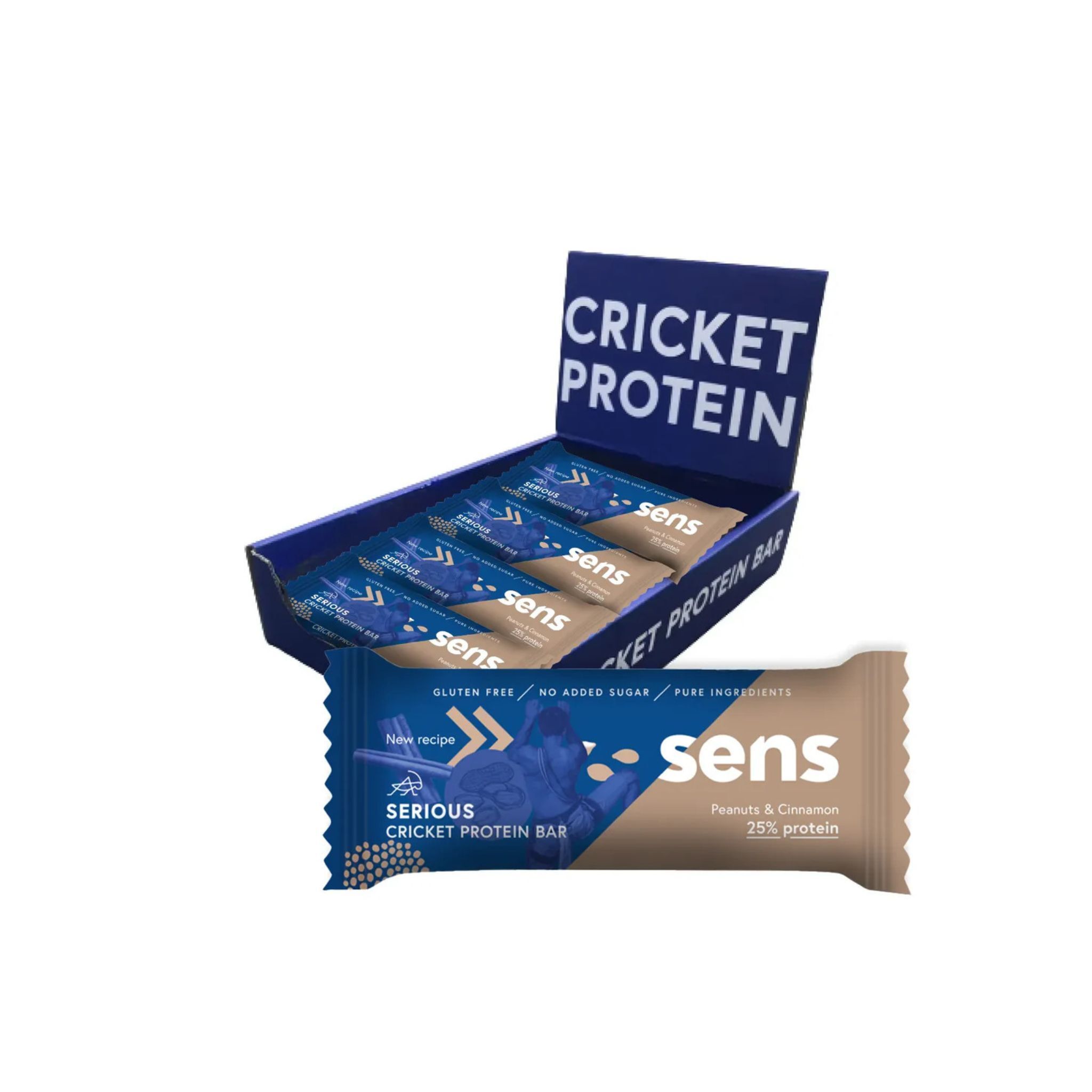 Barres protéinées dans une boîte ouverte. Inscription : Cricket Protein. Barres individuelles avec logo Sens. Inscription : Sans gluten, sans sucre ajouté.