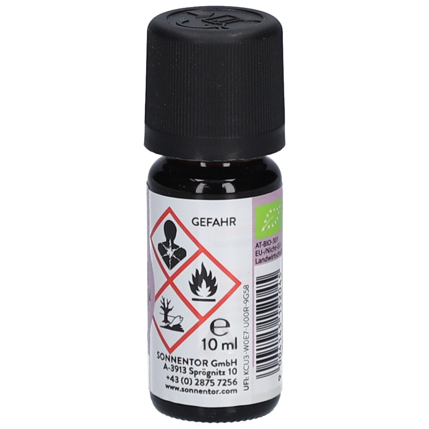 Flacon en verre brun avec bouchon noir. Inscription : Sonnentor, Alles Liebe. Symboles de danger et 10 ml.