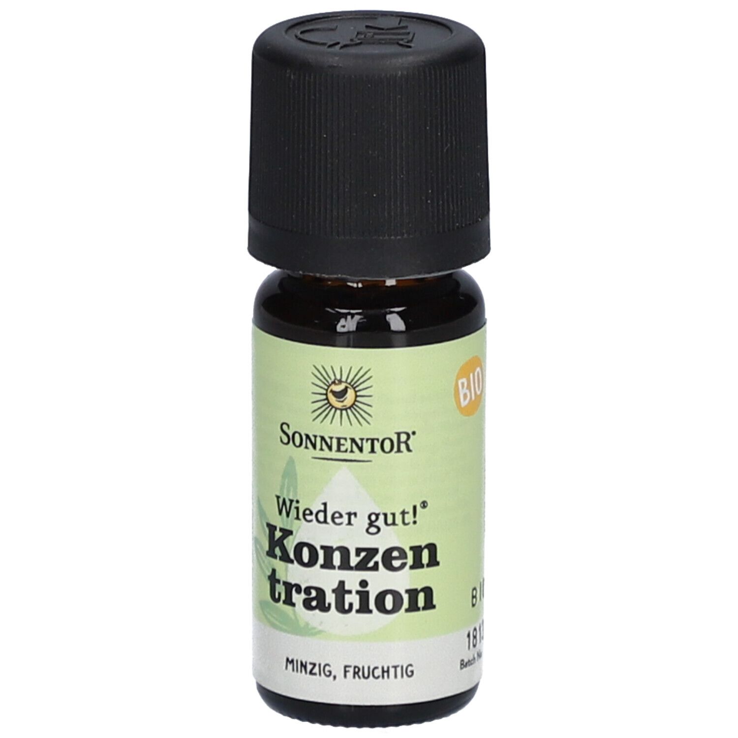 Flacon en verre brun avec bouchon noir. Étiquette avec "Sonnentor", "Konzentration", "BIO" et informations.