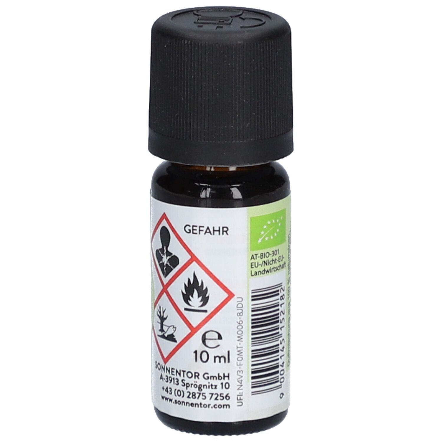 Flacon en verre brun avec bouchon noir. Étiquette avec symboles de danger et "10 ml".