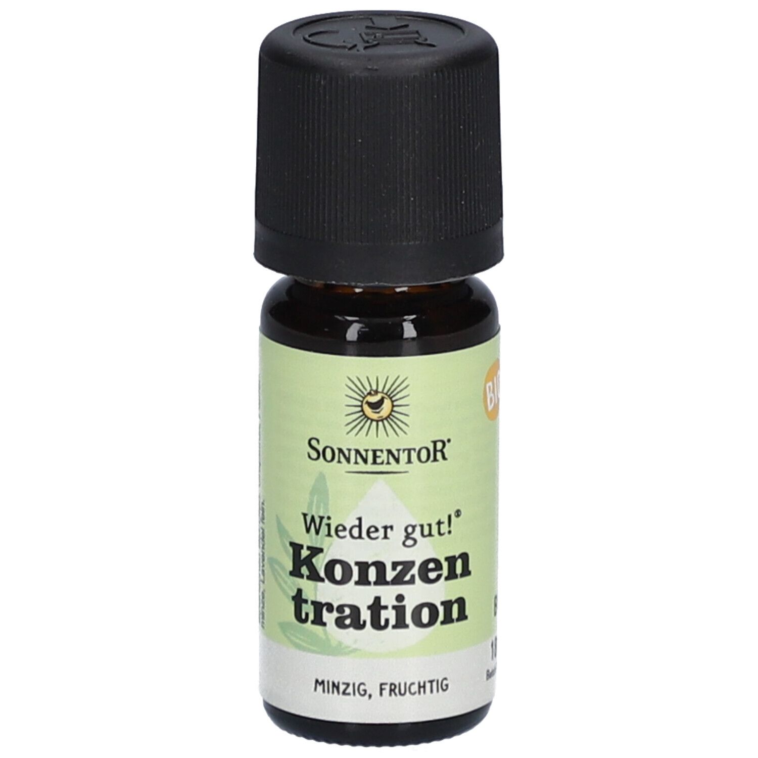 Flacon en verre brun avec bouchon noir. Étiquette avec "Sonnentor", "Konzentration", "BIO" et informations.