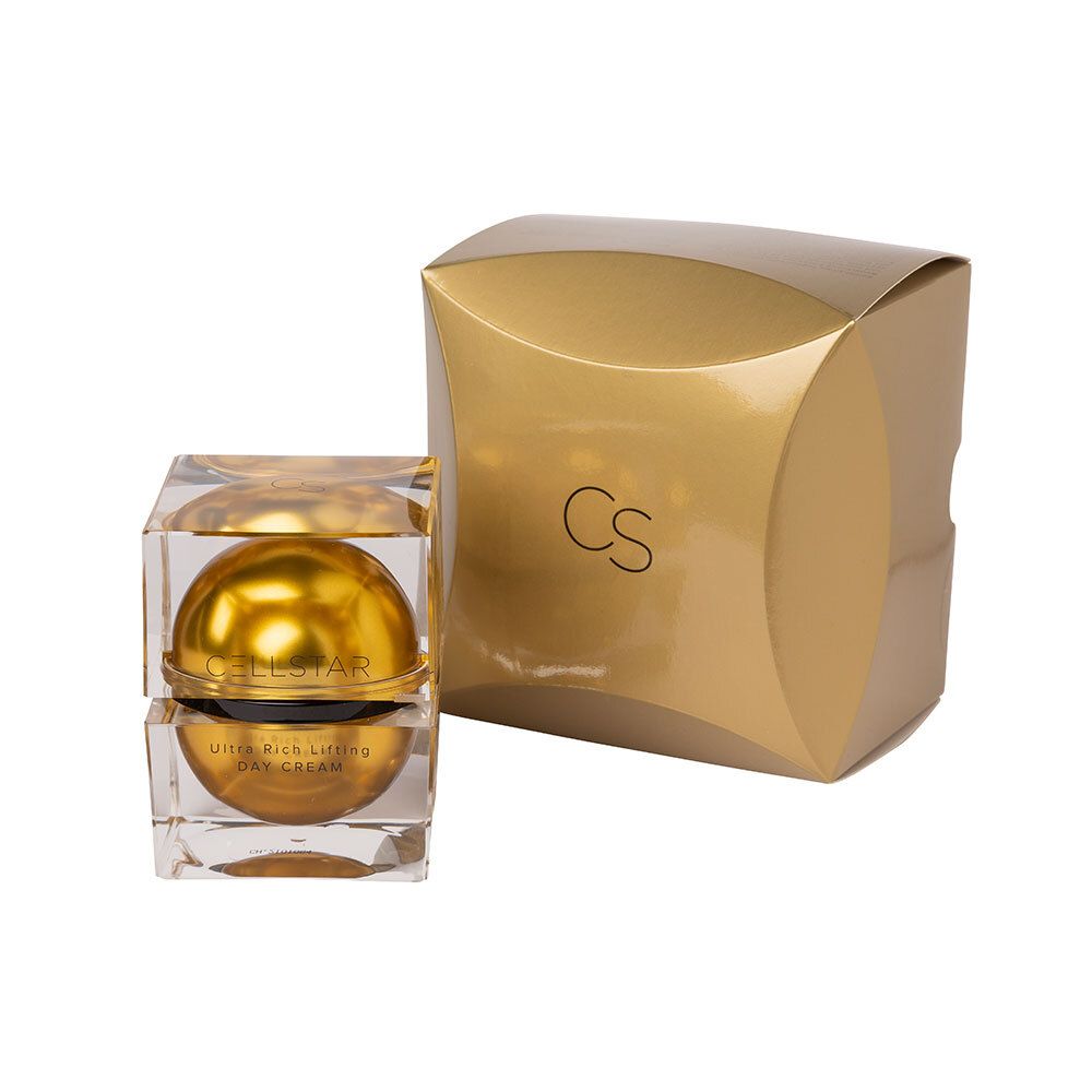 Creme in quadratischem Glasbehälter mit goldener Basis und schwarzem Deckel. Goldene Verpackung mit Logo.