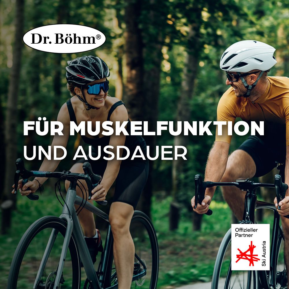 Deux cyclistes avec casques. Texte : POUR LA FONCTION MUSCULAIRE ET L'ENDURANCE. Logo : Dr. Böhm. Logo Ski Austria.