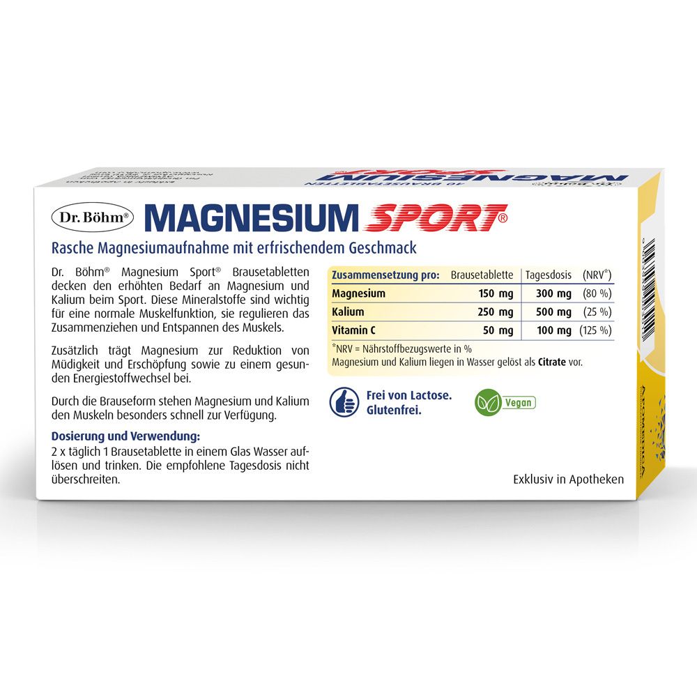 Dos de l'emballage des comprimés effervescents Dr. Böhm Magnesium Sport. Ingrédients, dosage, instructions. Sans lactose et sans gluten.