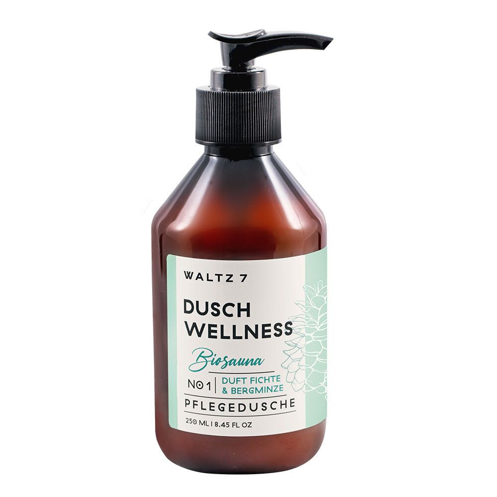 Flacon brun avec pompe noire. Étiquette avec nom du produit et motif floral. "Pflegedusche".