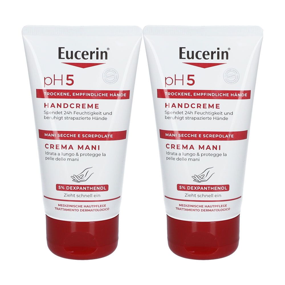 Zwei Tuben Eucerin pH5 Handcreme. Weiße Tuben mit rotem Deckel und roter Schrift. Produktname und pH5-Logo deutlich sichtbar.