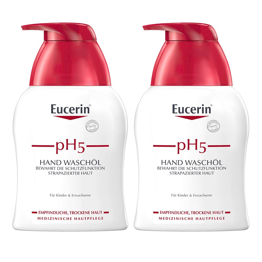 Zwei Flaschen Eucerin pH5 Hand Waschöl mit rotem Pumpkopf. Aufschrift: Hand Waschöl, bewahrt die Schutzfunktion strapazierter Haut.
