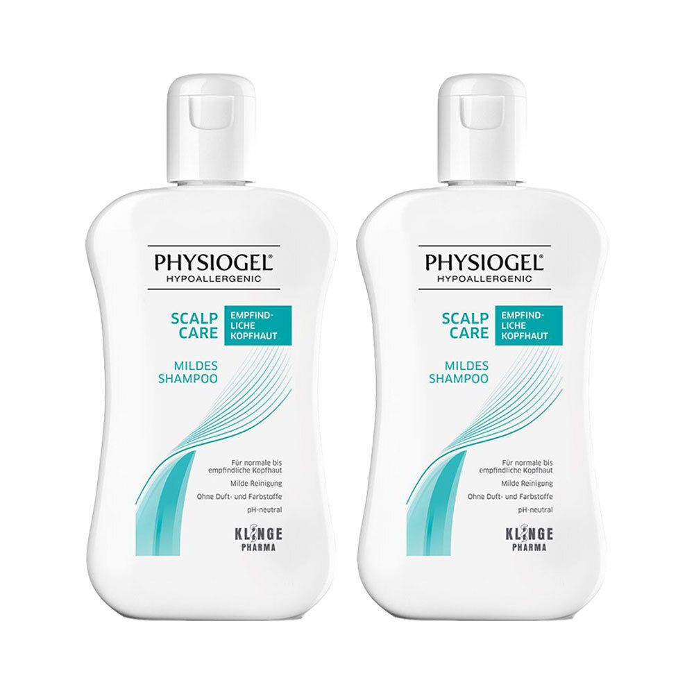 Zwei weiße Flaschen PHYSIOGEL Scalp Care Mildes Shampoo. Aufschrift: Hypoallergen, für empfindliche Kopfhaut.
